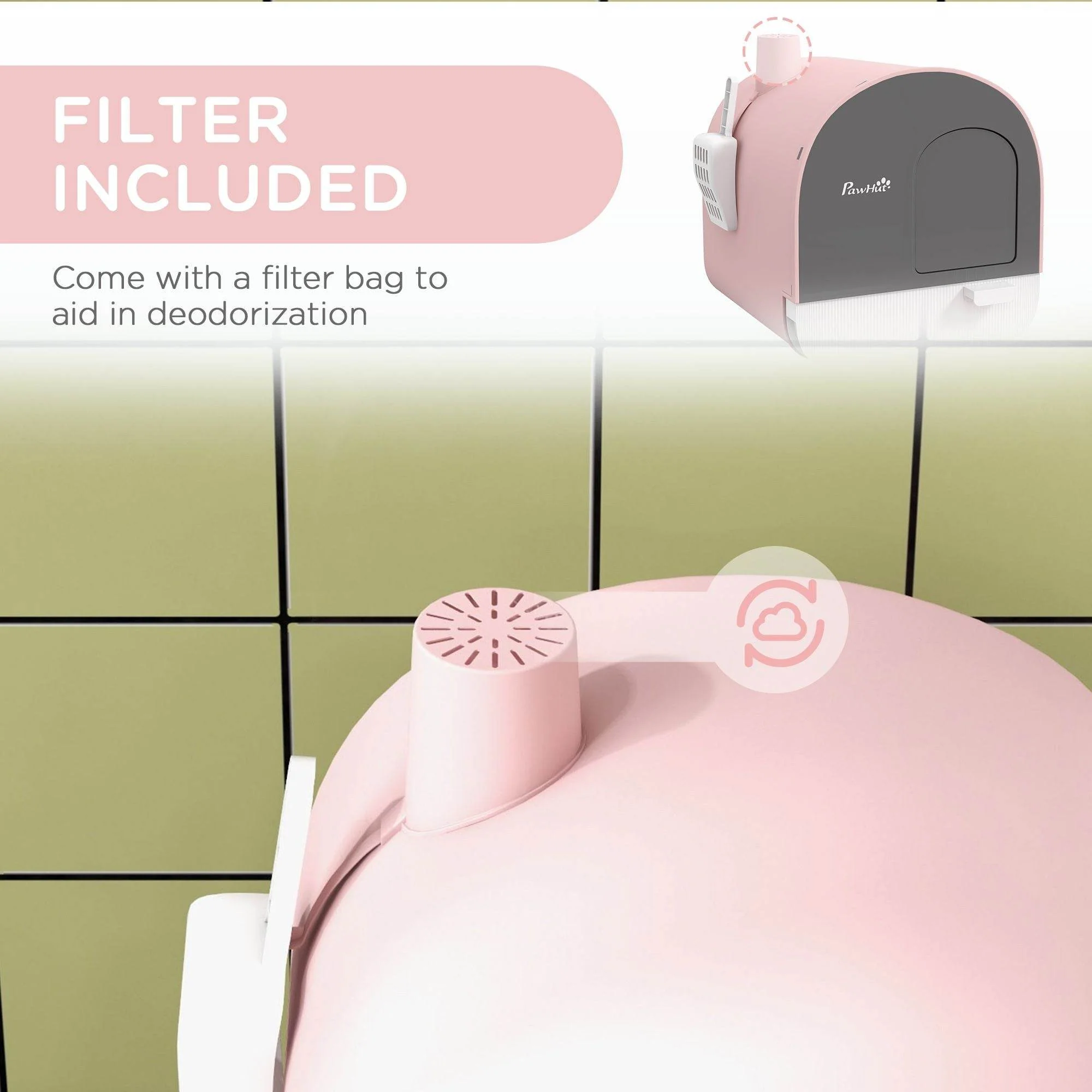 Pink Covered Cat Litter Box with Odor Filter - Complete Privacy Kit with Tray, Scoop & Mat | Compact Hooded Litter House - Image 6
