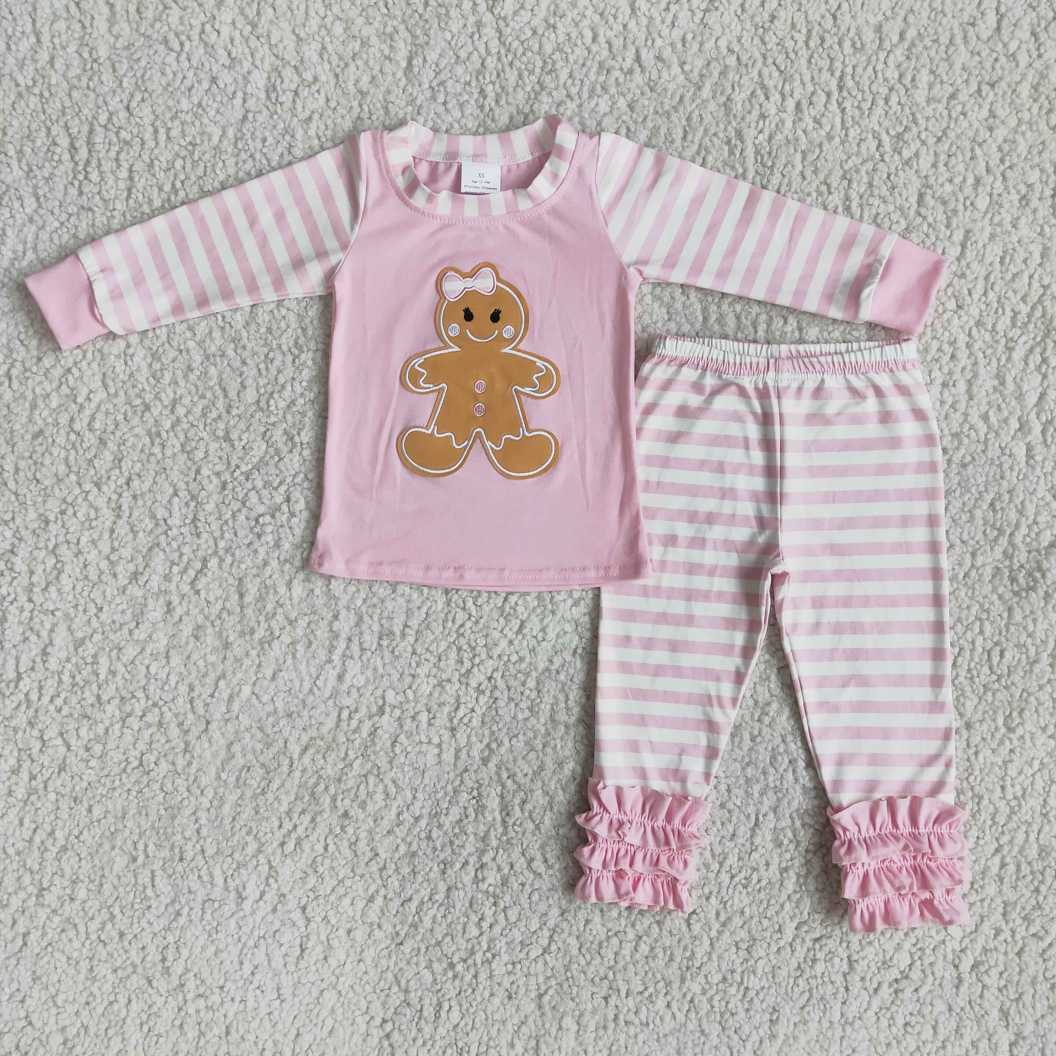 Pink gingerbread embroidery stripe girls Christmas pajamas - Image 2