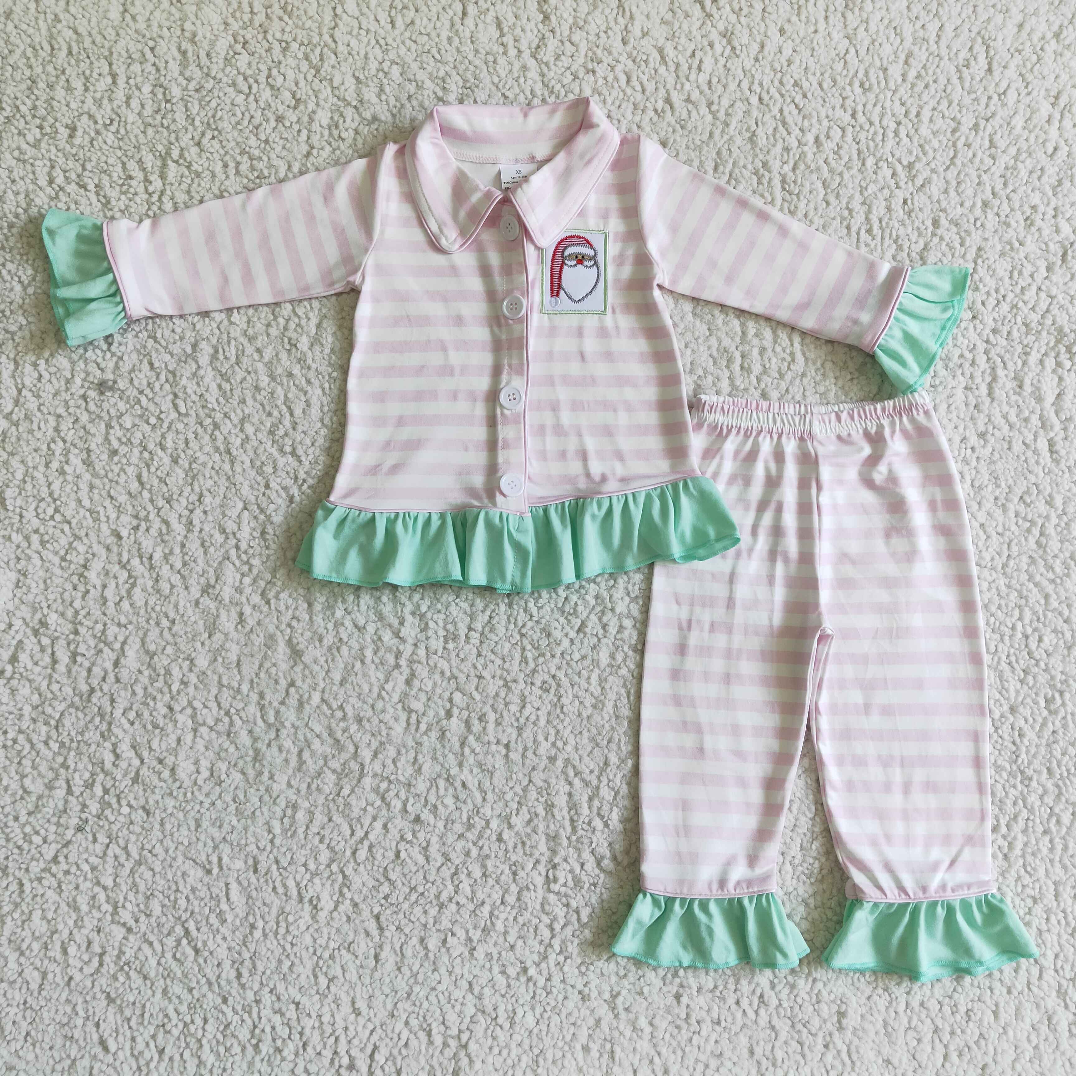 Pink stripe santa embroidery baby girls Christmas pajamas - Image 2