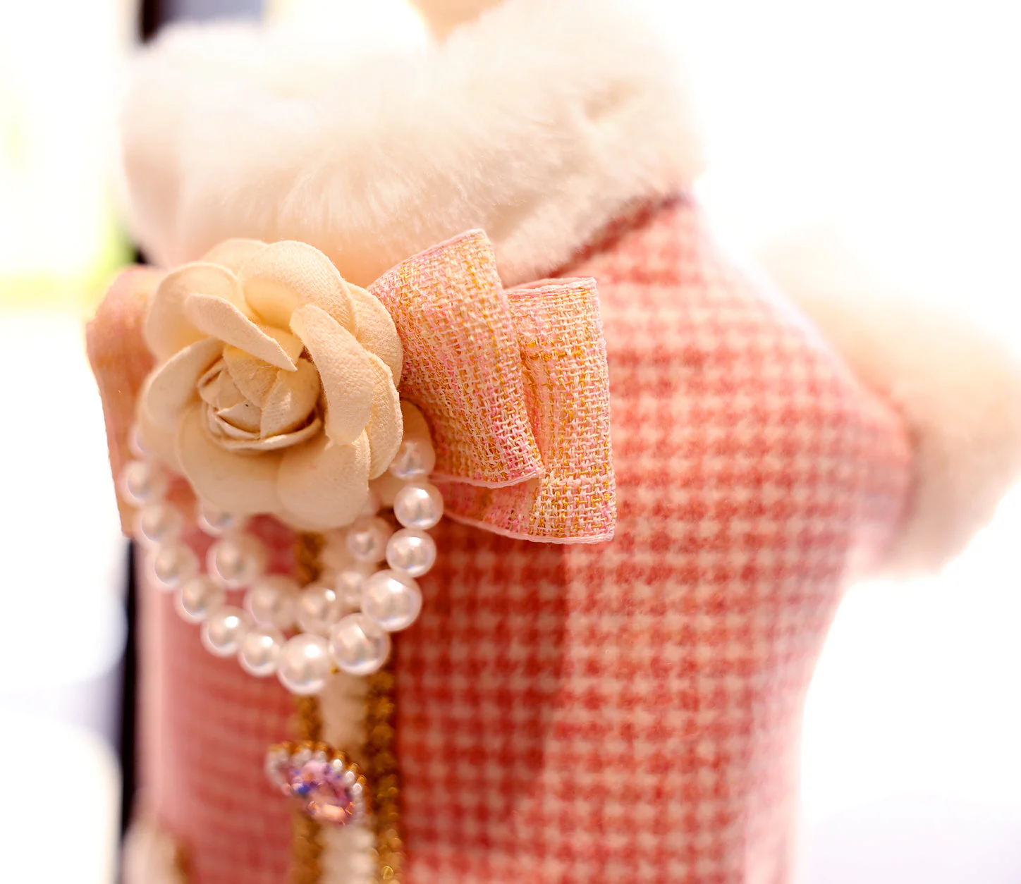 Pink Tweed Pearl Dog Coat Vest with Faux Fur Trim - Image 2