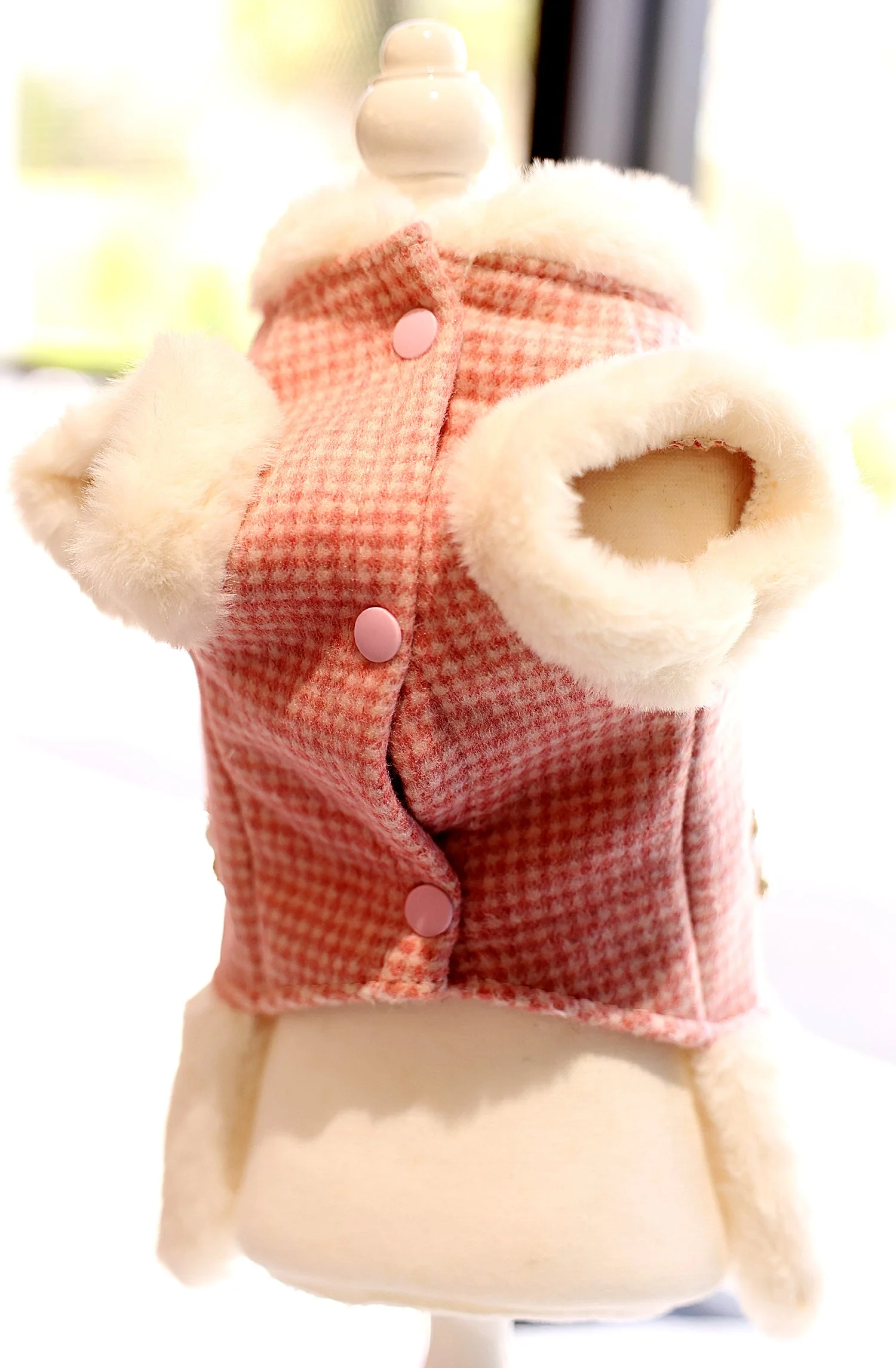 Pink Tweed Pearl Dog Coat Vest with Faux Fur Trim - Image 3