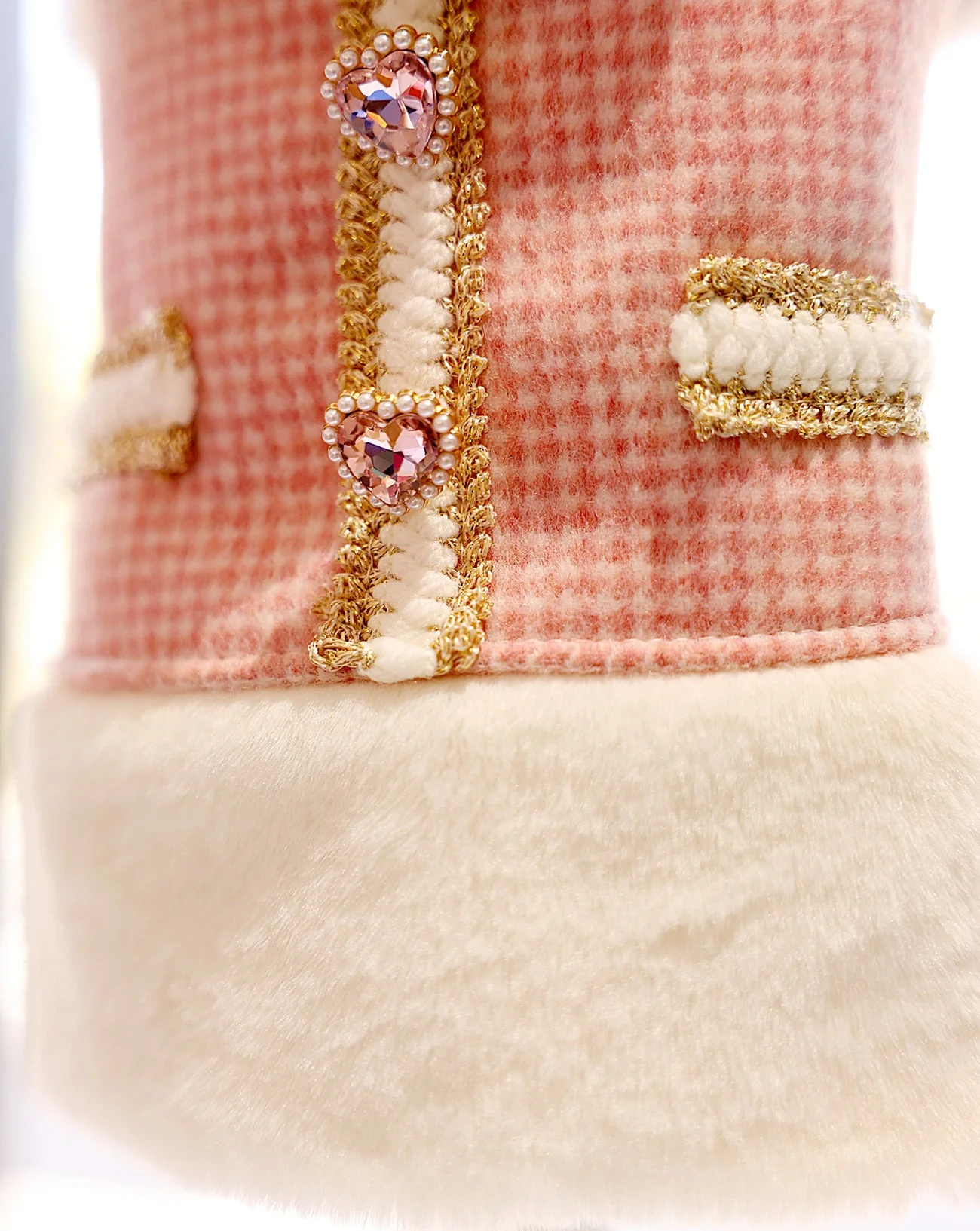 Pink Tweed Pearl Dog Coat Vest with Faux Fur Trim - Image 4