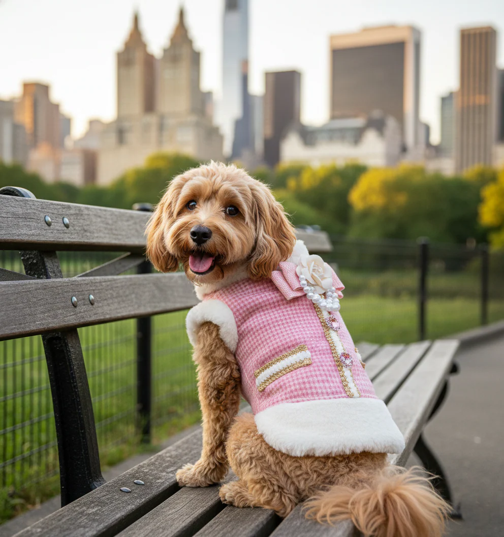 Pink Tweed Pearl Dog Coat Vest with Faux Fur Trim - Image 5