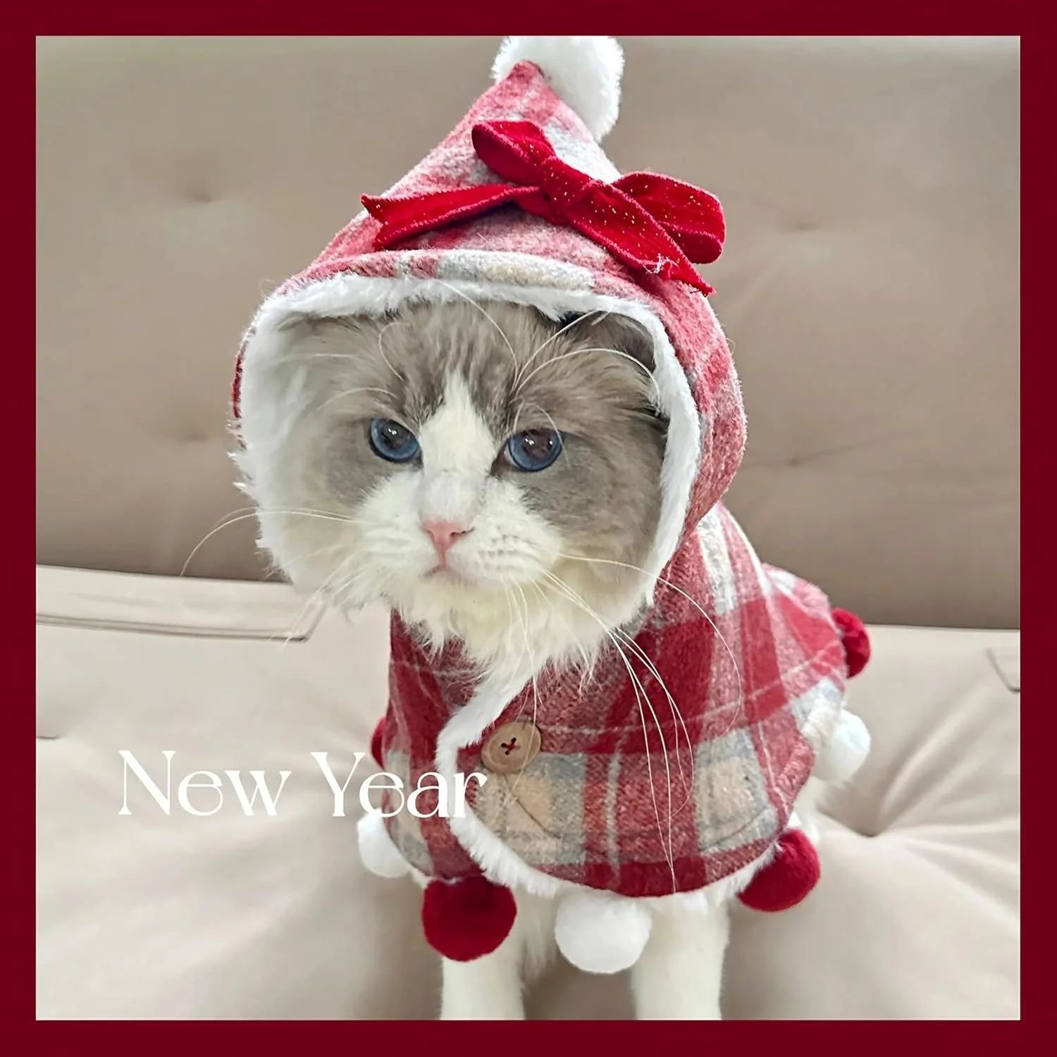 Plaid Pet Hooded Cape with Fuzzy Lining & Pom-Poms - Image 3