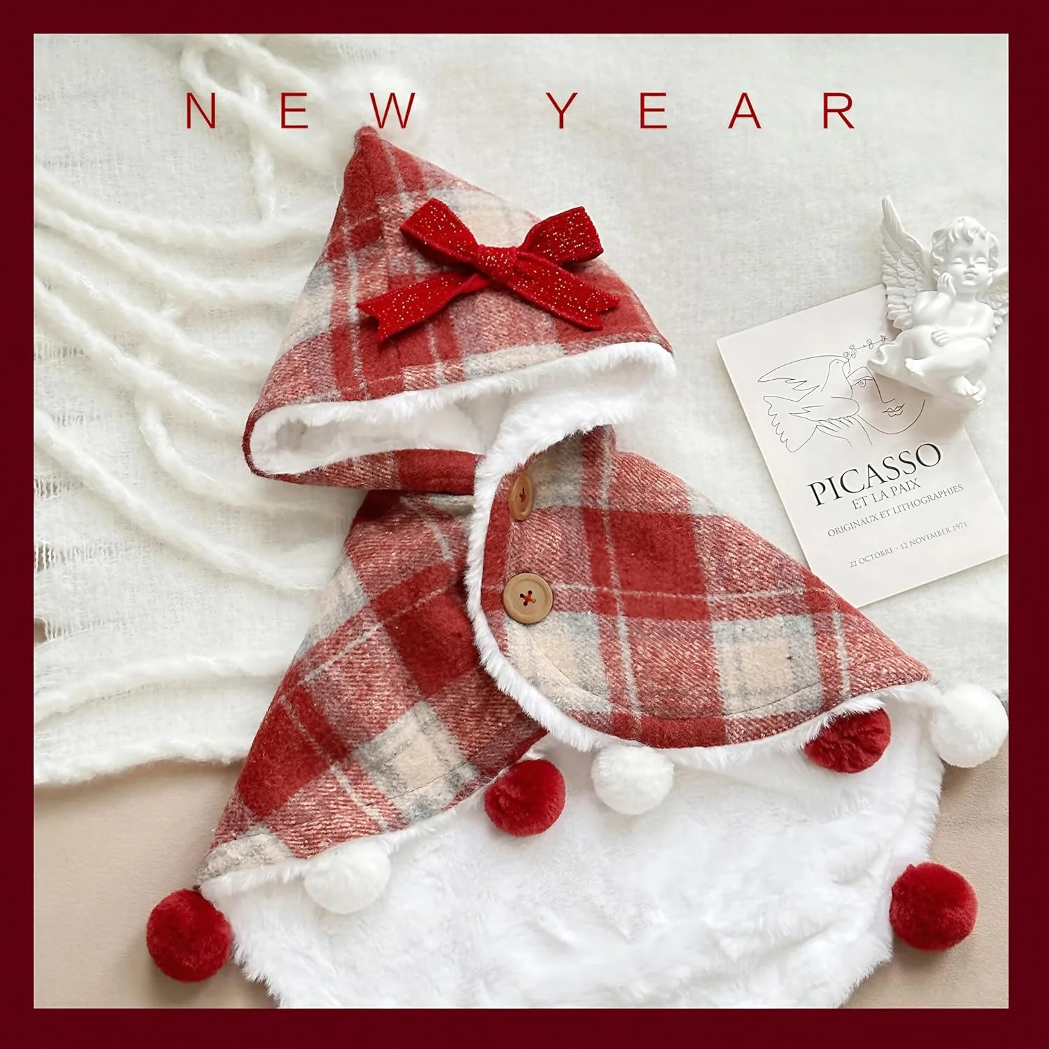Plaid Pet Hooded Cape with Fuzzy Lining & Pom-Poms - Image 4