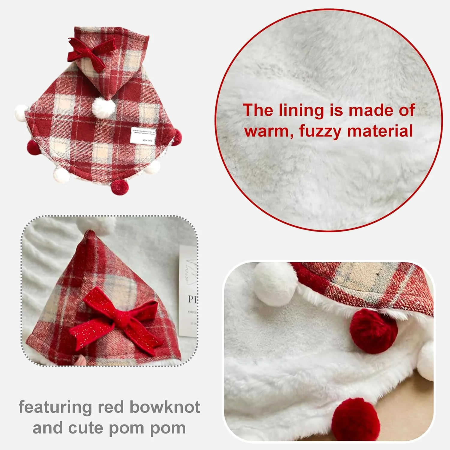 Plaid Pet Hooded Cape with Fuzzy Lining & Pom-Poms - Image 5