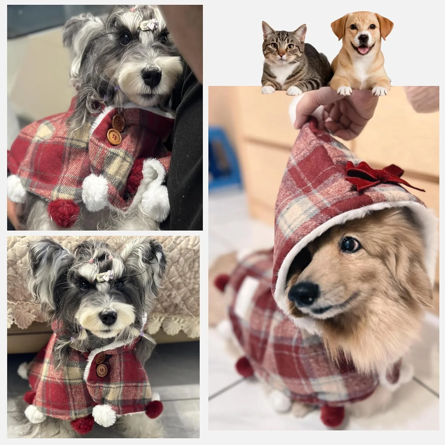 Plaid Pet Hooded Cape with Fuzzy Lining & Pom-Poms - Image 6
