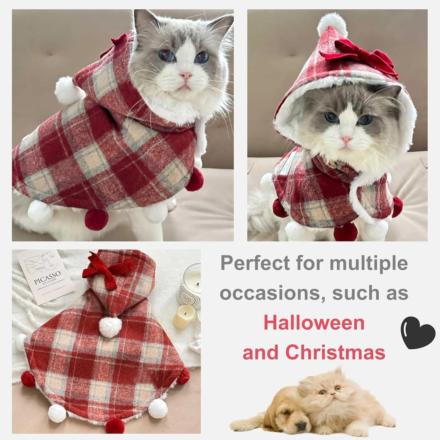 Plaid Pet Hooded Cape with Fuzzy Lining & Pom-Poms - Image 7