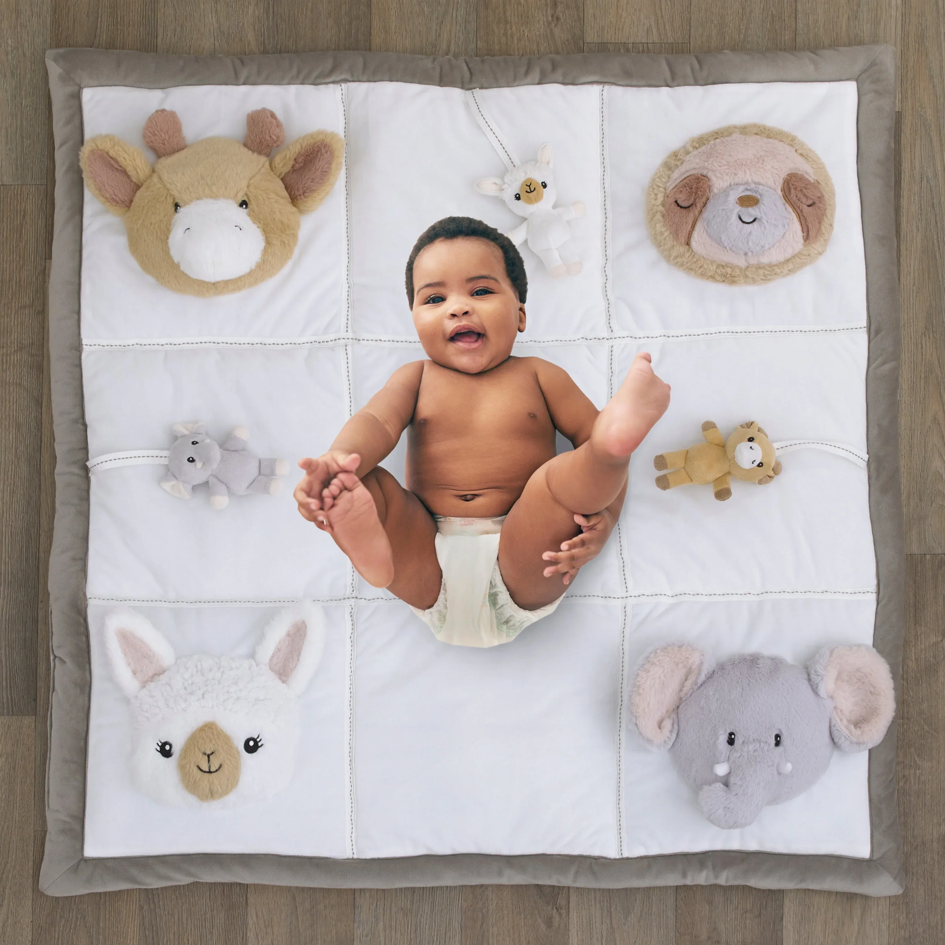 Playful Pals White, Tan, and Gray Four 3D Animals With Crinkle Plush Tummy Time Play Mat - Sloth, Llama, Elephant, and Giraffe - Image 2