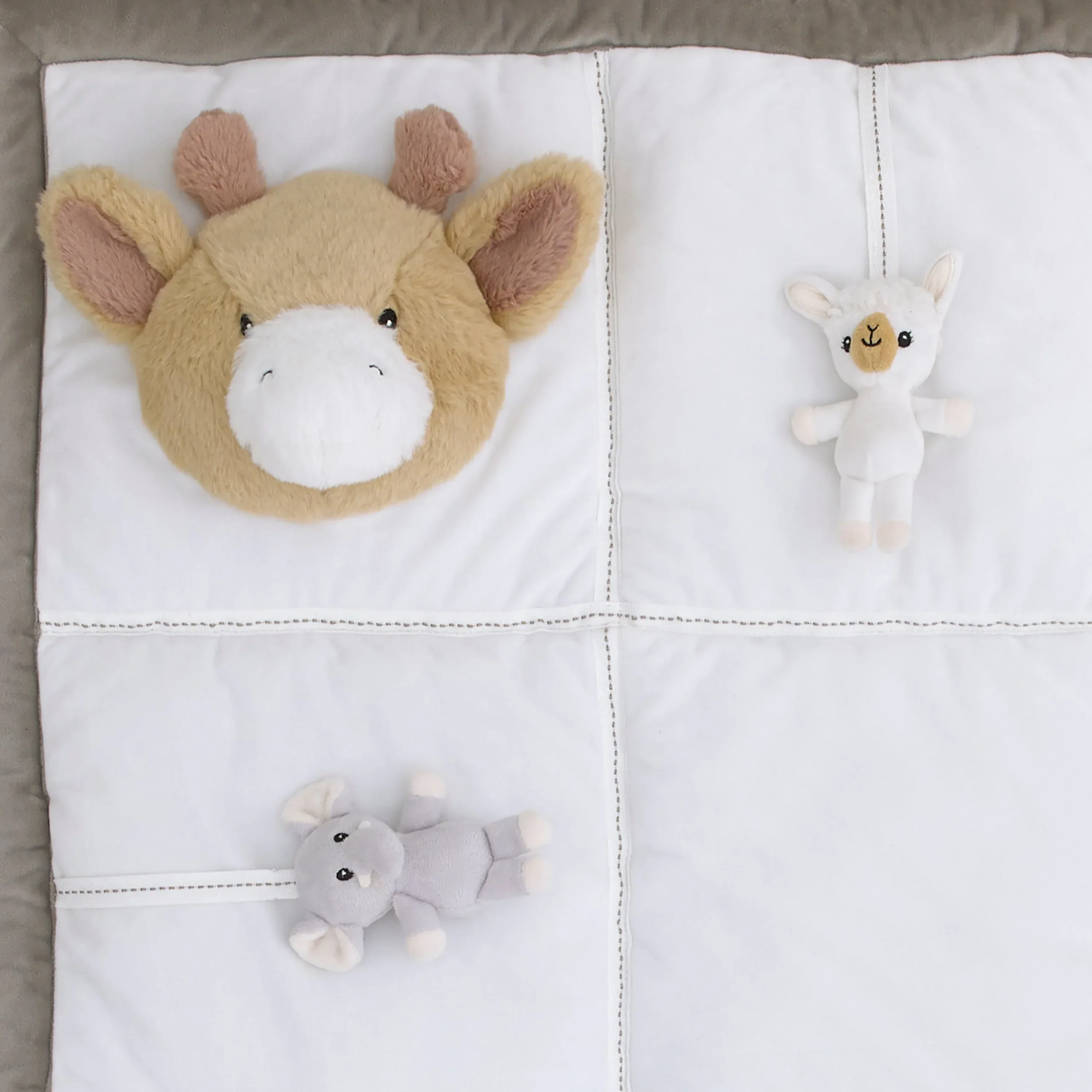 Playful Pals White, Tan, and Gray Four 3D Animals With Crinkle Plush Tummy Time Play Mat - Sloth, Llama, Elephant, and Giraffe - Image 3