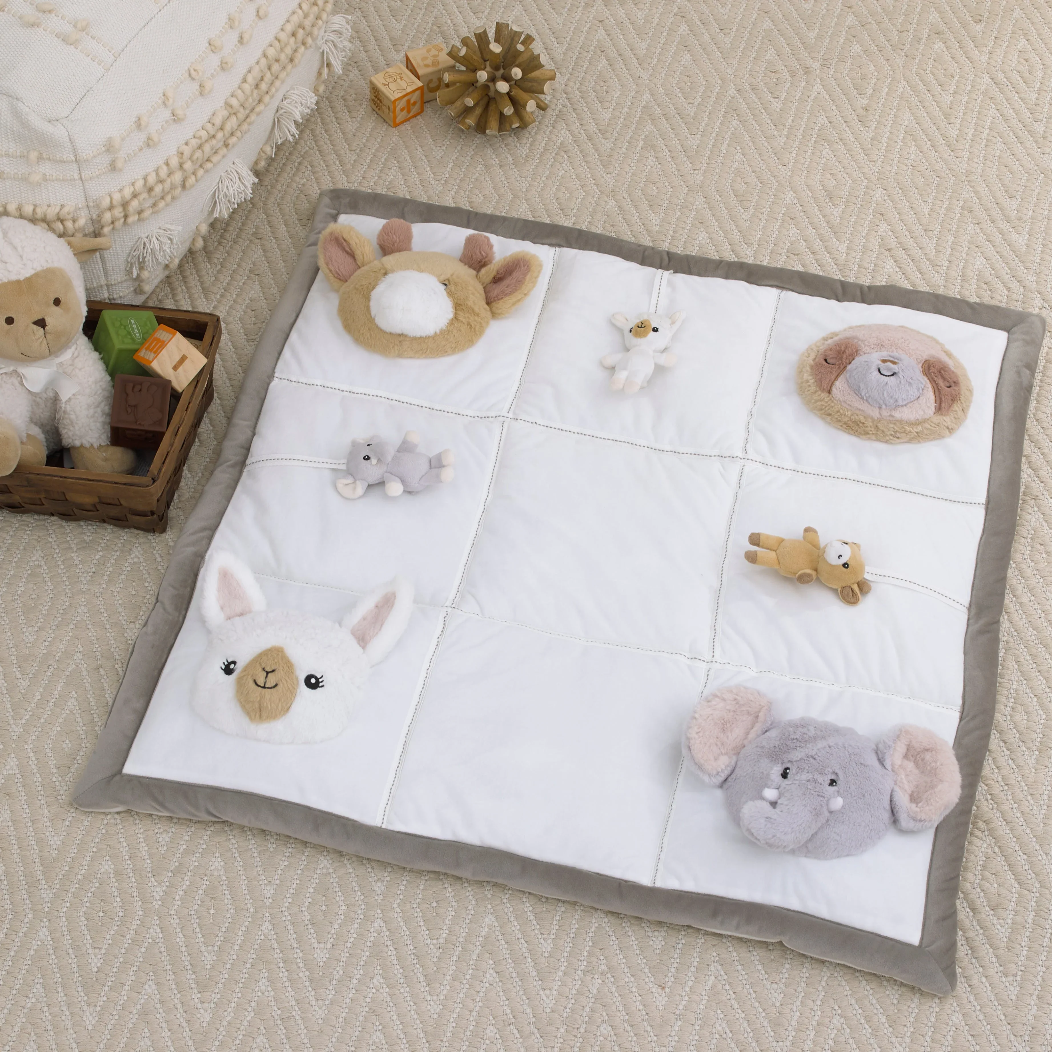 Playful Pals White, Tan, and Gray Four 3D Animals With Crinkle Plush Tummy Time Play Mat - Sloth, Llama, Elephant, and Giraffe - Image 7