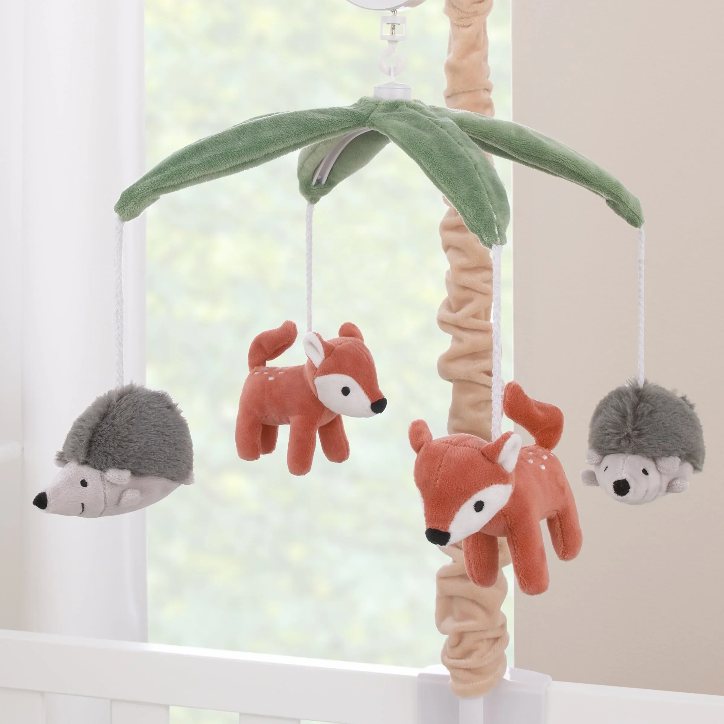 Plush Deer Green, Gray, and Tan Foxes and Hedgehogs Musical Mobile - Image 4