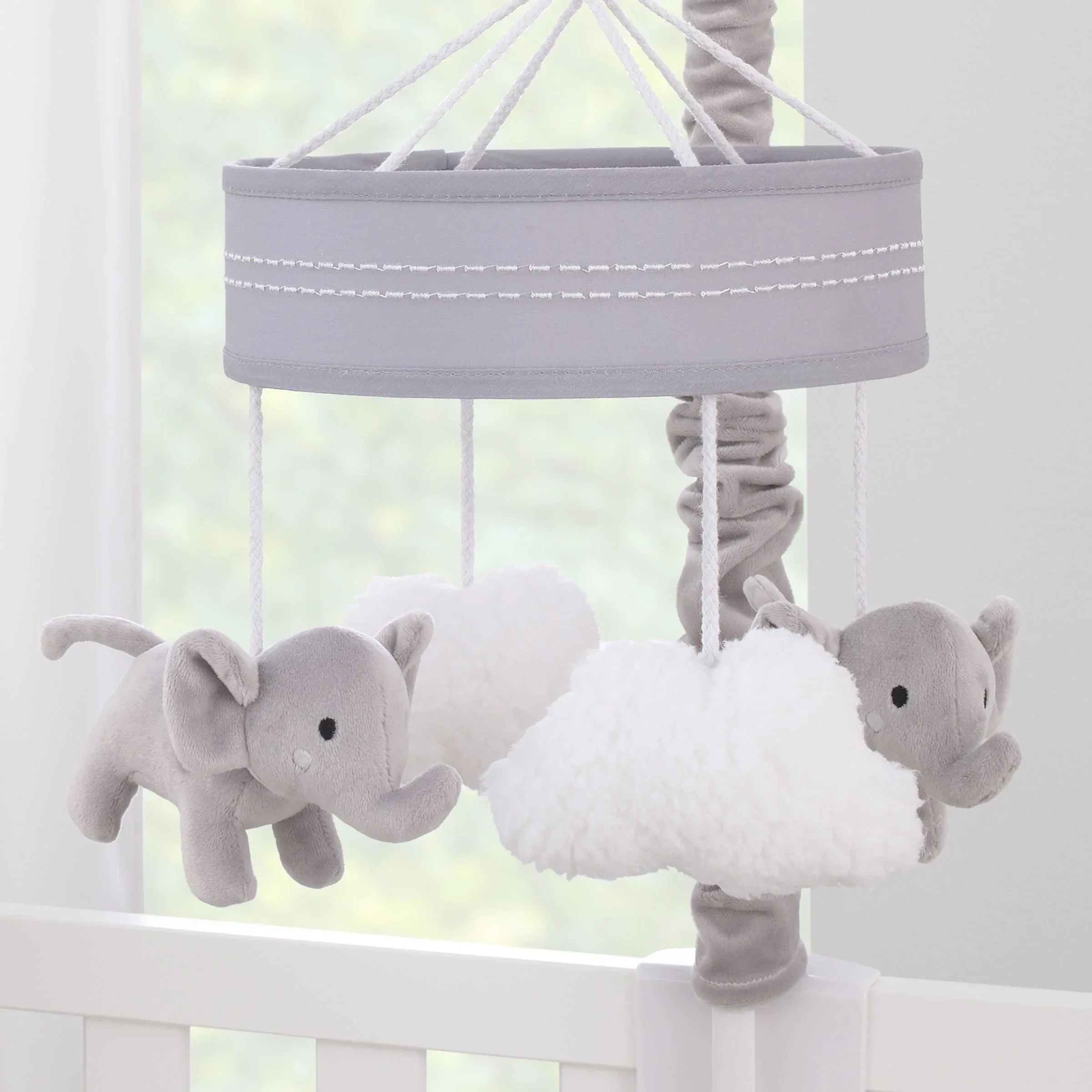 Plush Elephant Gray and White Puffy Clouds Musical Mobile - Image 4