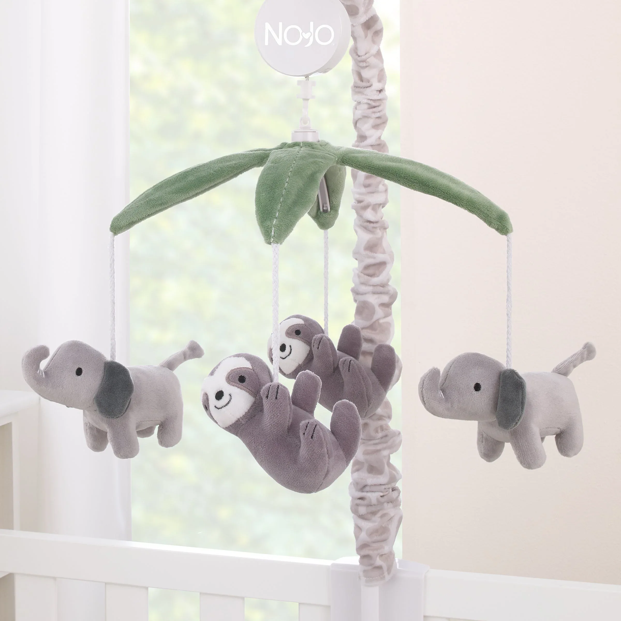 Plush Giraffe Taupe, Green, and Gray Elephants and Sloth's Musical Mobile - Image 4