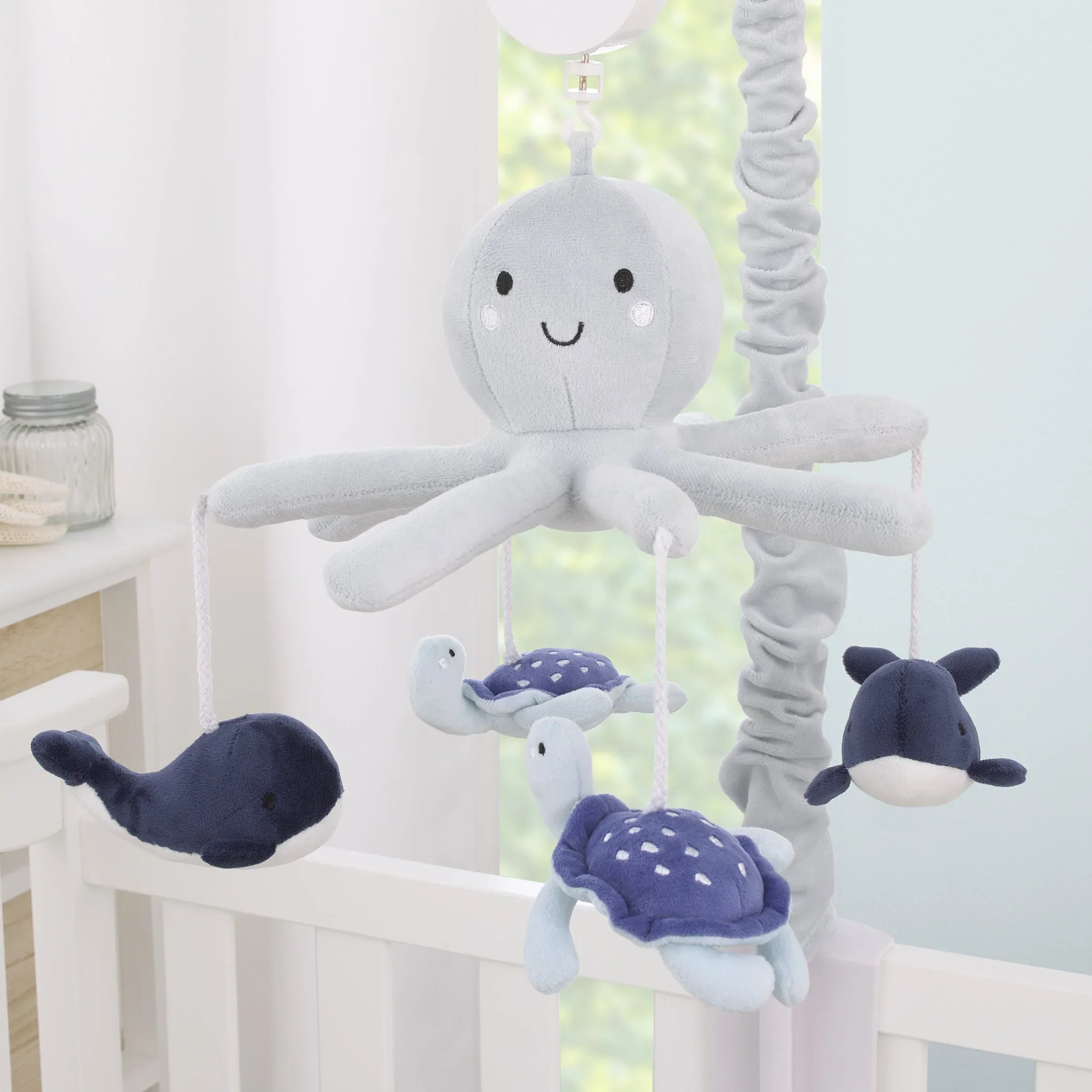 Plush Octopus Gray and Navy Whales and Sea Turtles Musical Mobile - Image 3