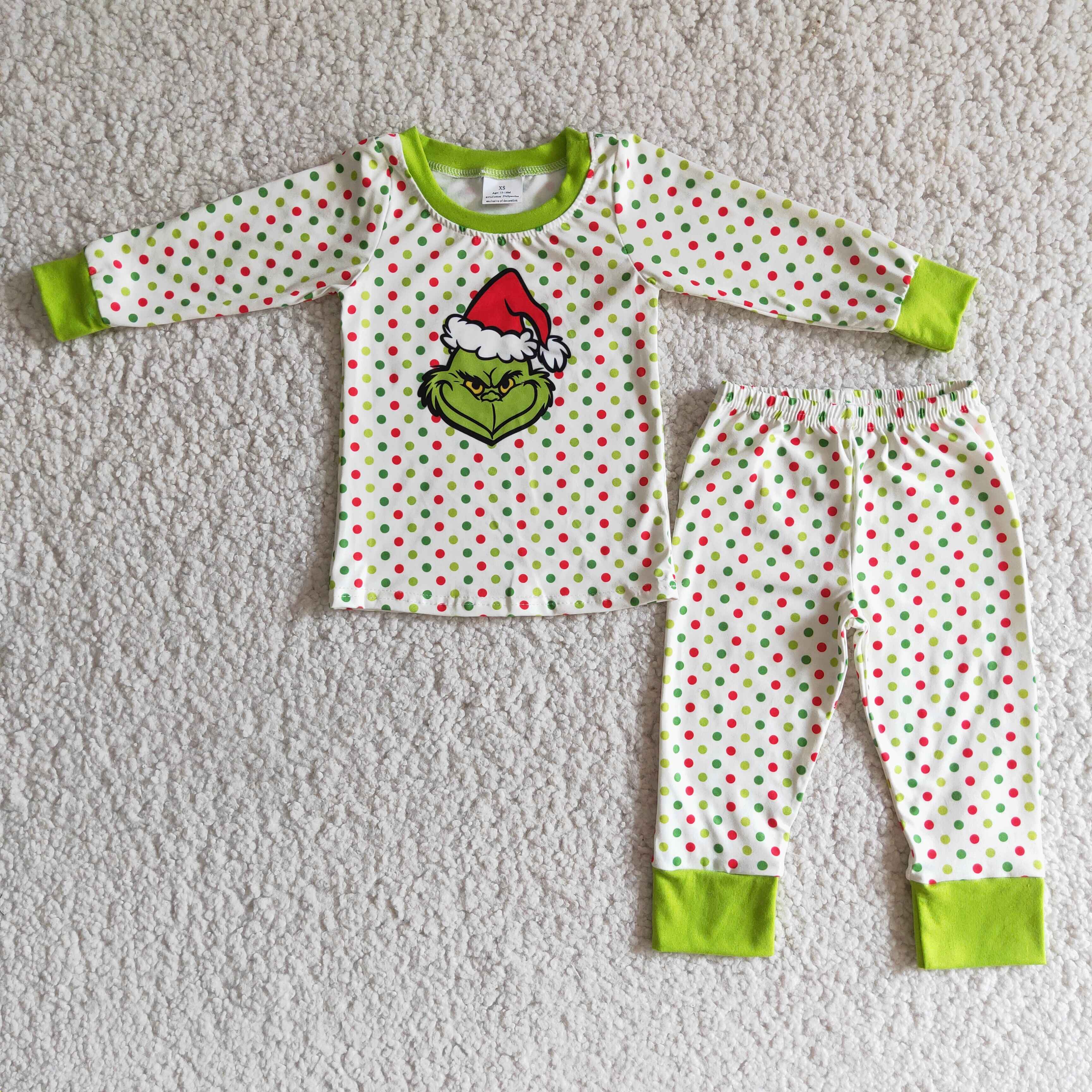 Polka dots long sleeve green face boy Christmas pajamas - Image 2