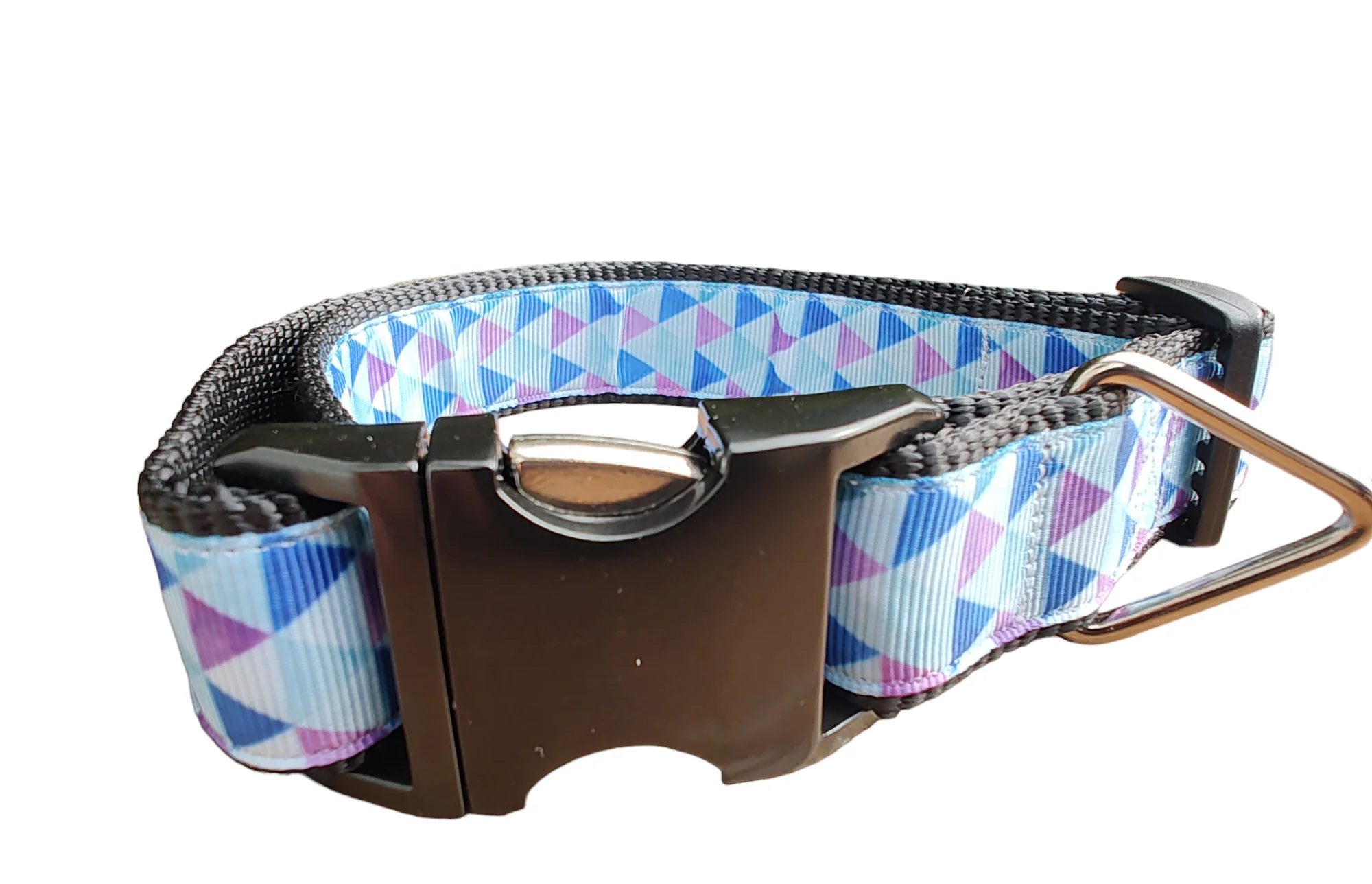 Purple Triangles Black Nylon Dog Collar MD, LG, XL, Leash - Image 3