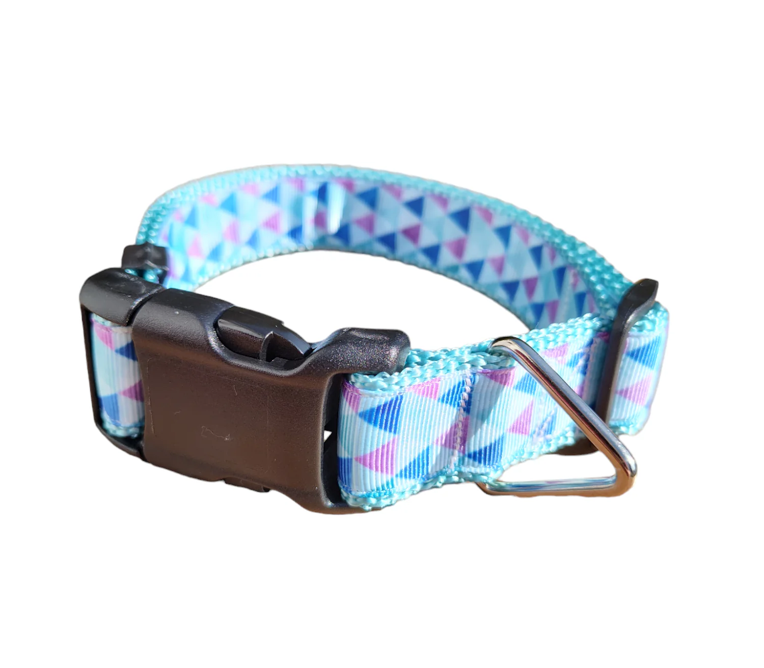 Purple Triangles Light Blue Nylon Dog Collar MD, LG, XL, Leash - Image 2