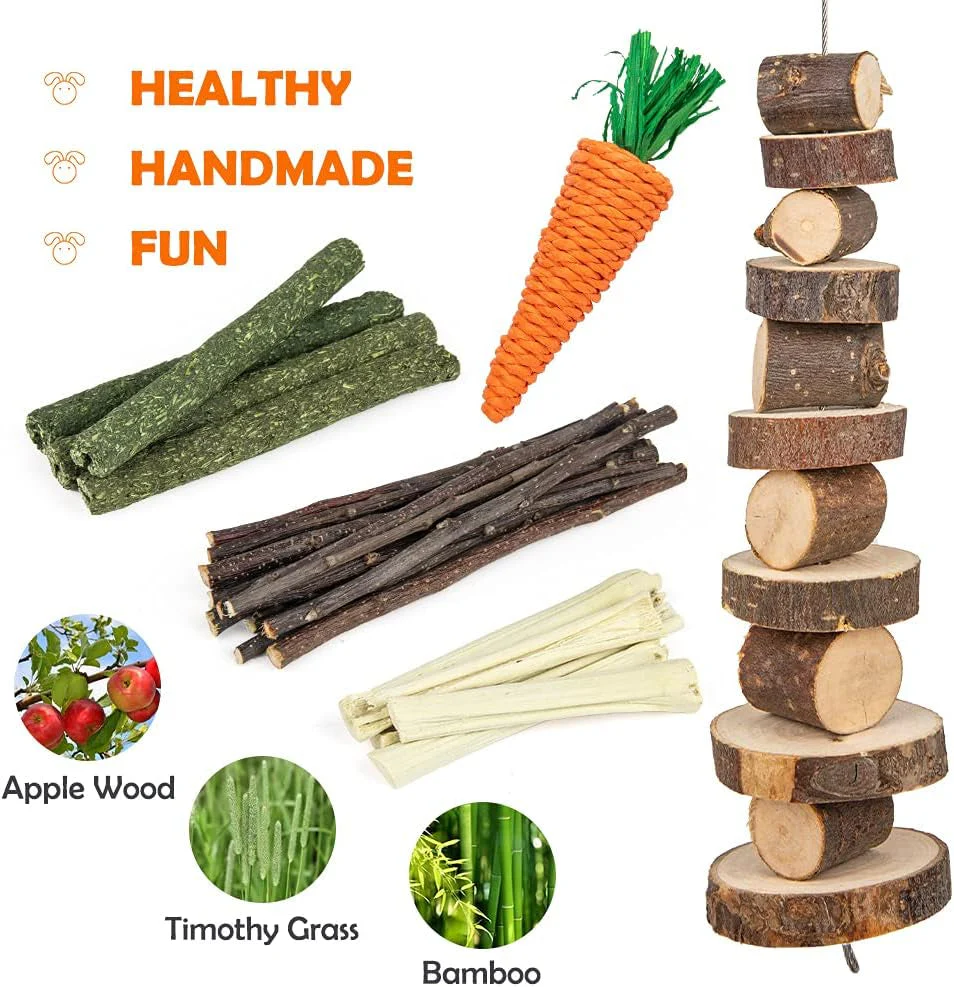 Rabbit Toys Bunny/Guinea Pig Toys Natural Timothy Hay Hamster Toys for Teeth Handmade Chews and Treats Apple Wood Sticks Chinchilla Rat - Image 2