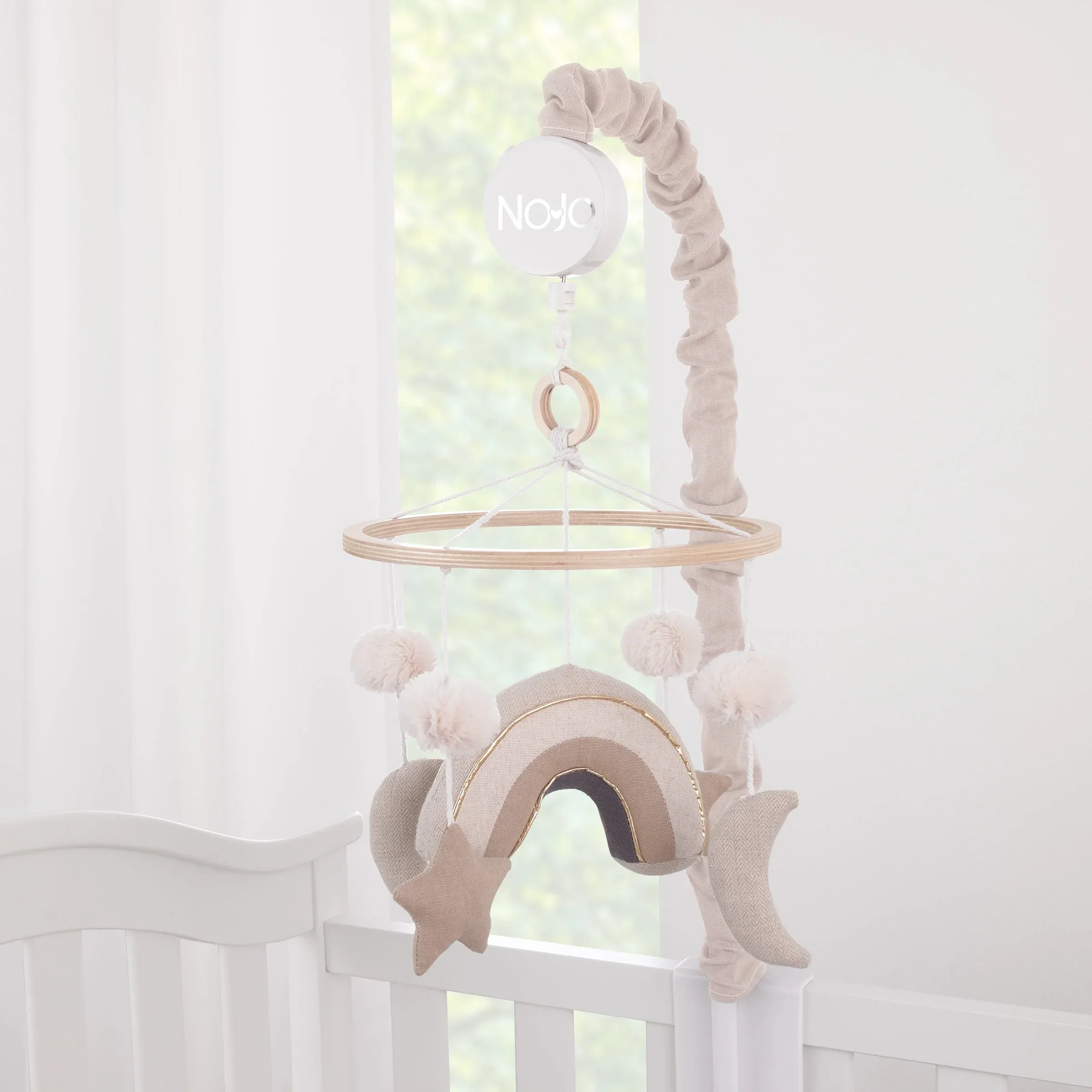 Rainbow Moon and Stars Pom Pom Ivory, Taupe, and Natural Wood Tones Plush Nursery Musical Mobile - Image 2