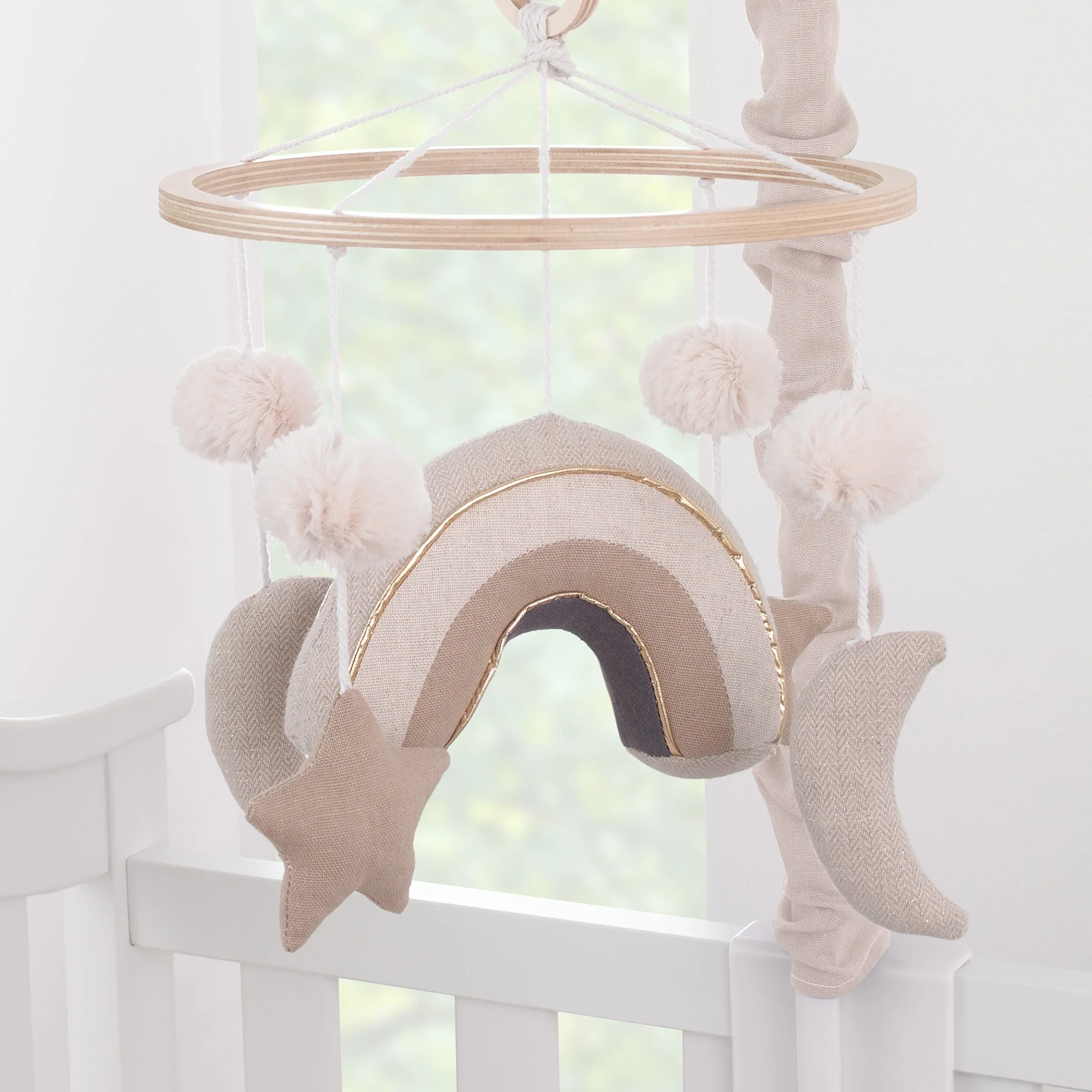 Rainbow Moon and Stars Pom Pom Ivory, Taupe, and Natural Wood Tones Plush Nursery Musical Mobile - Image 3