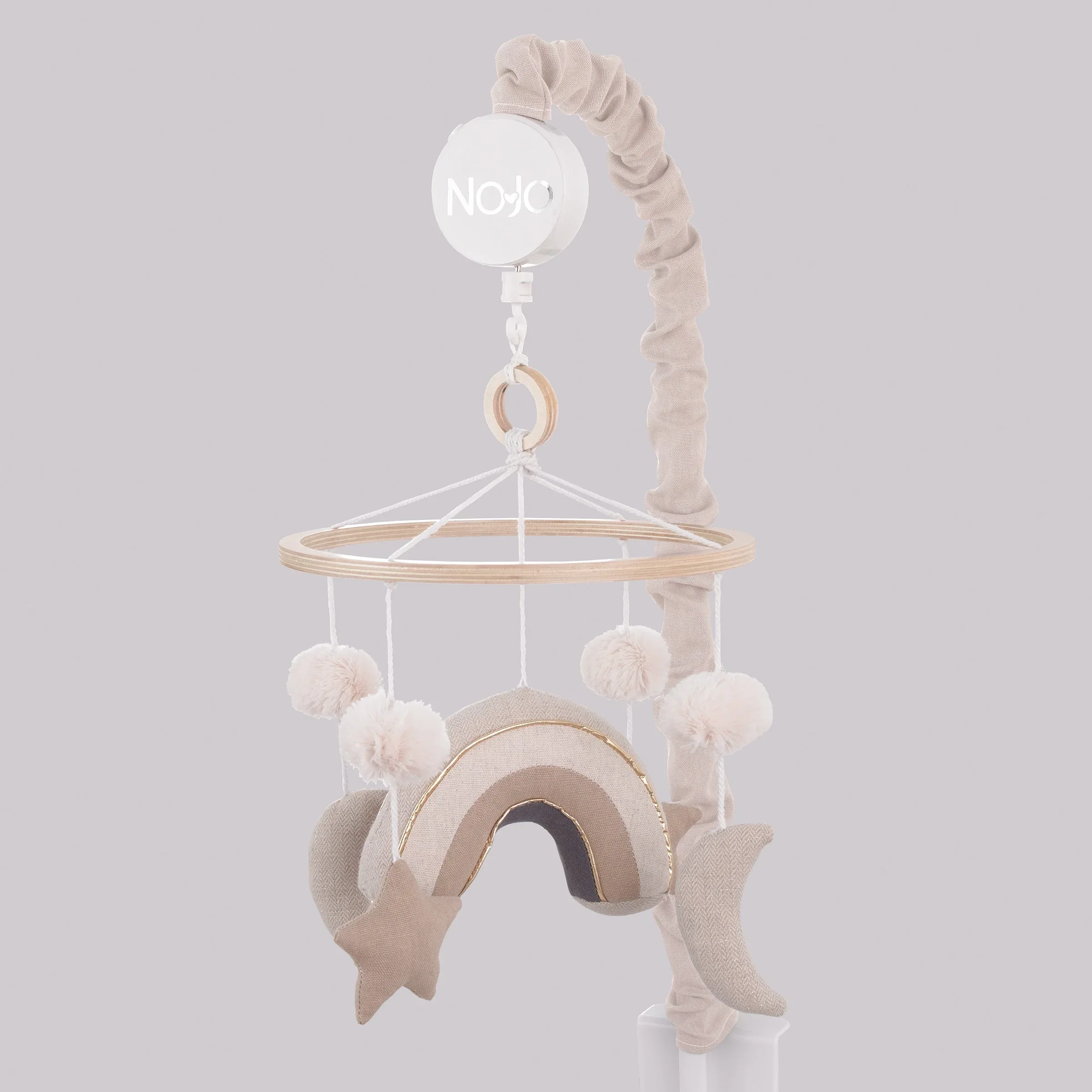 Rainbow Moon and Stars Pom Pom Ivory, Taupe, and Natural Wood Tones Plush Nursery Musical Mobile - Image 4