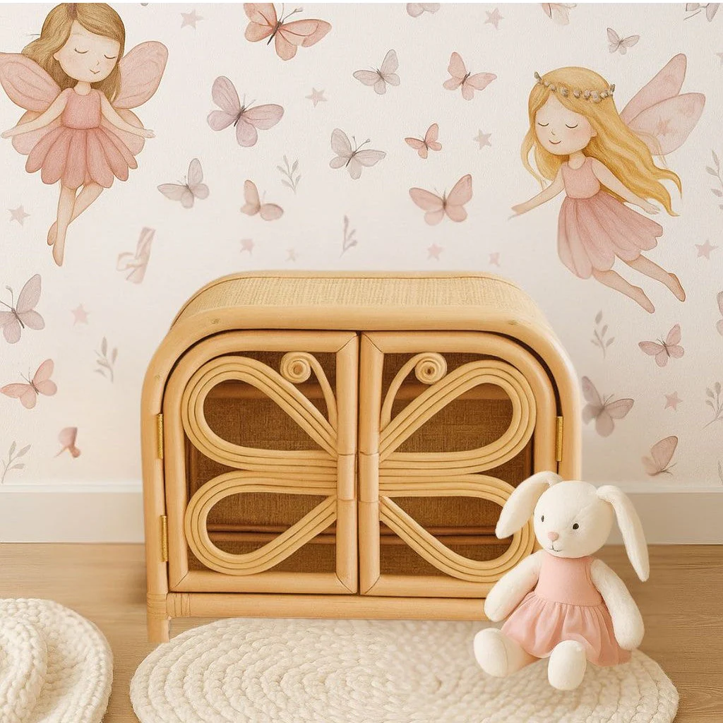Rattan Doll Clothes Wardrobe | Boho Butterfly Dresser for Kids | Eco-Friendly Nursery Decor - Image 10