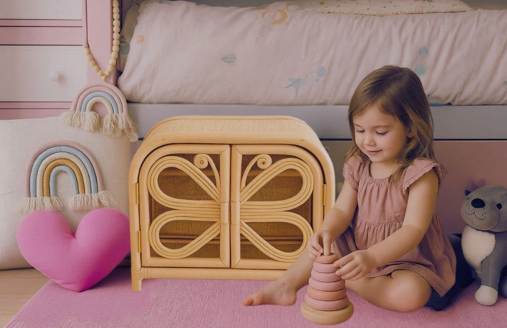 Rattan Doll Clothes Wardrobe | Boho Butterfly Dresser for Kids | Eco-Friendly Nursery Decor - Image 3