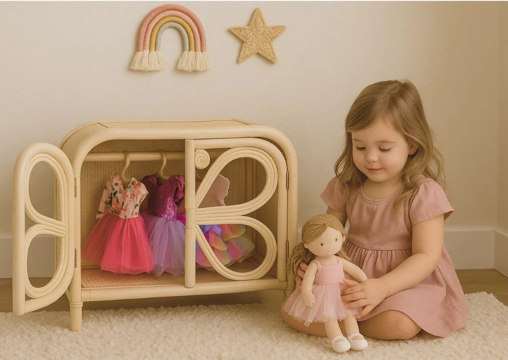 Rattan Doll Clothes Wardrobe | Boho Butterfly Dresser for Kids | Eco-Friendly Nursery Decor - Image 6