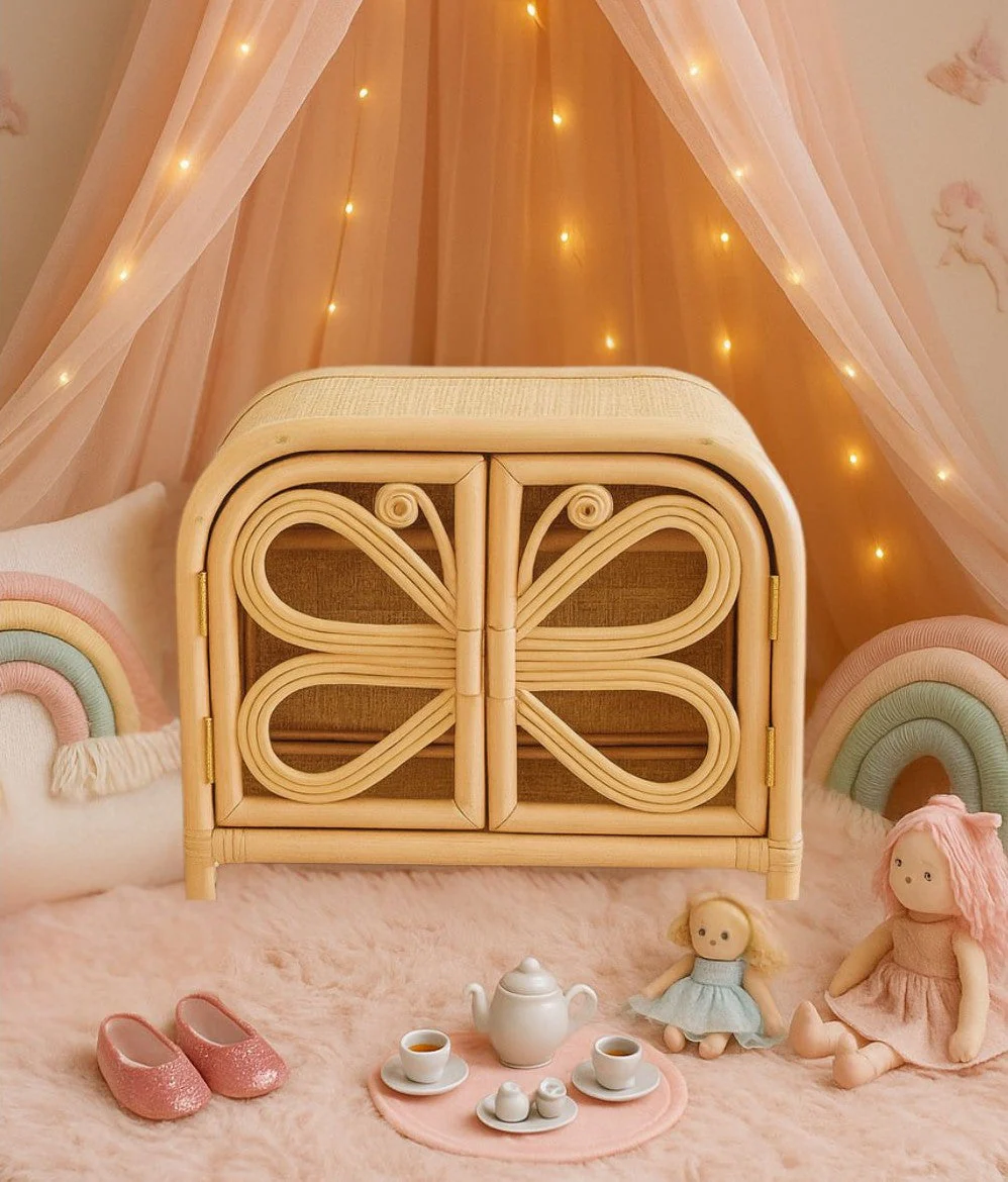 Rattan Doll Clothes Wardrobe | Boho Butterfly Dresser for Kids | Eco-Friendly Nursery Decor - Image 9