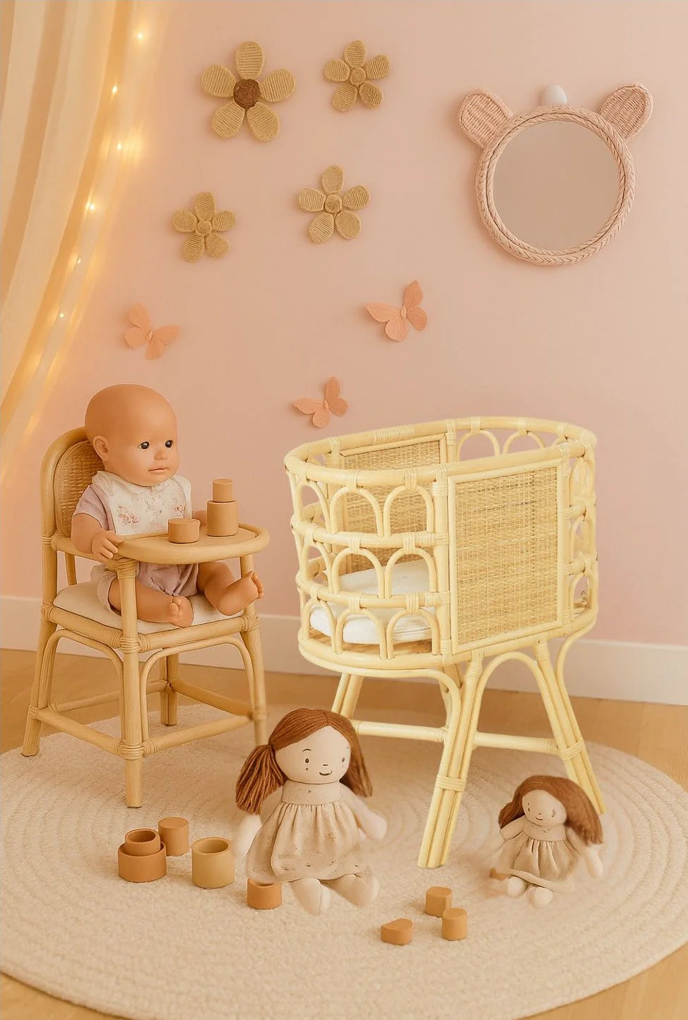Rattan Doll Crib – Handmade Wicker Doll Bed, Boho Montessori Toy Bassinet for Girls - Image 3