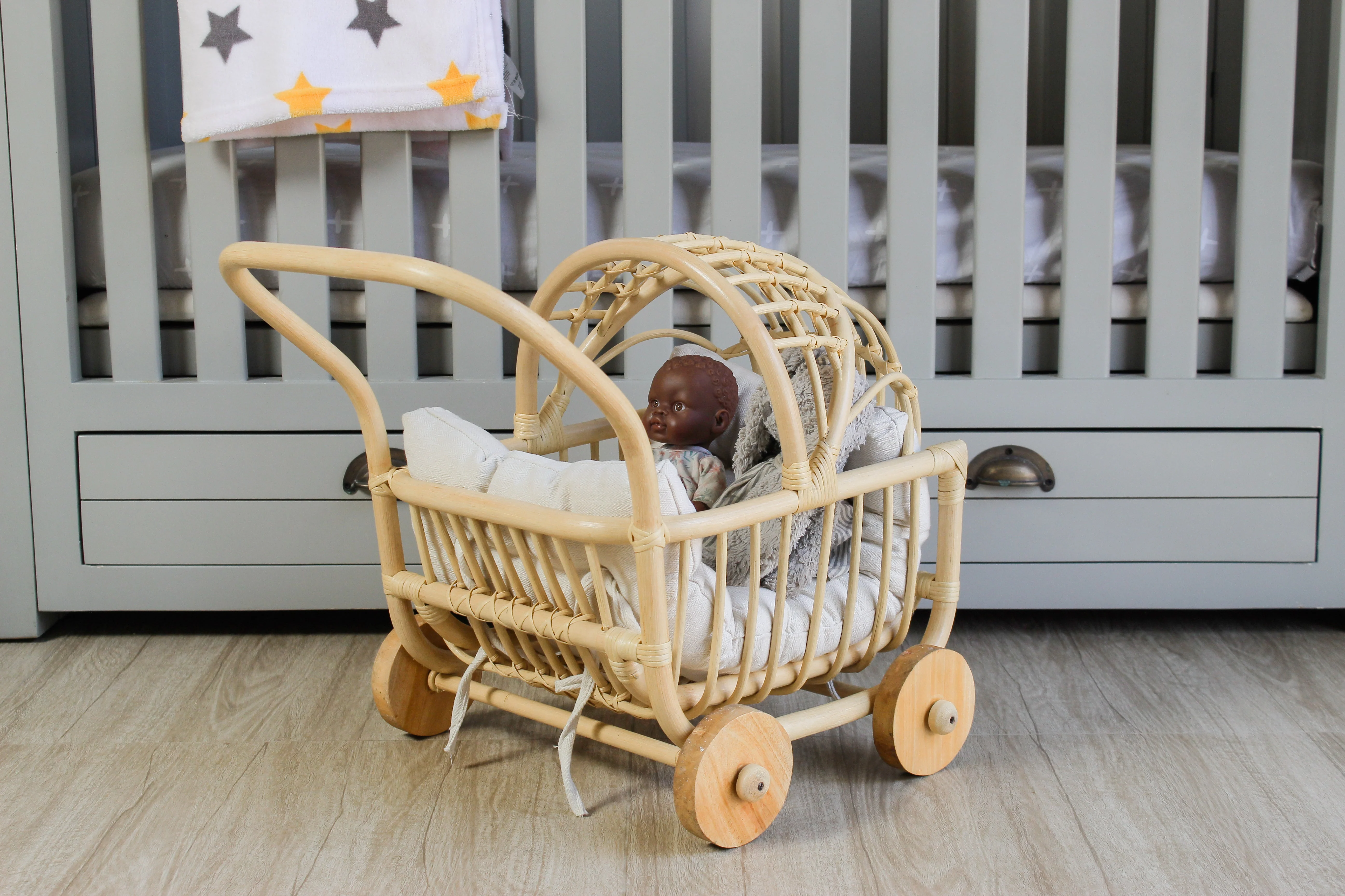 Rattan Doll Stroller – Handmade Boho Doll Pram for Imaginative Play - Image 11