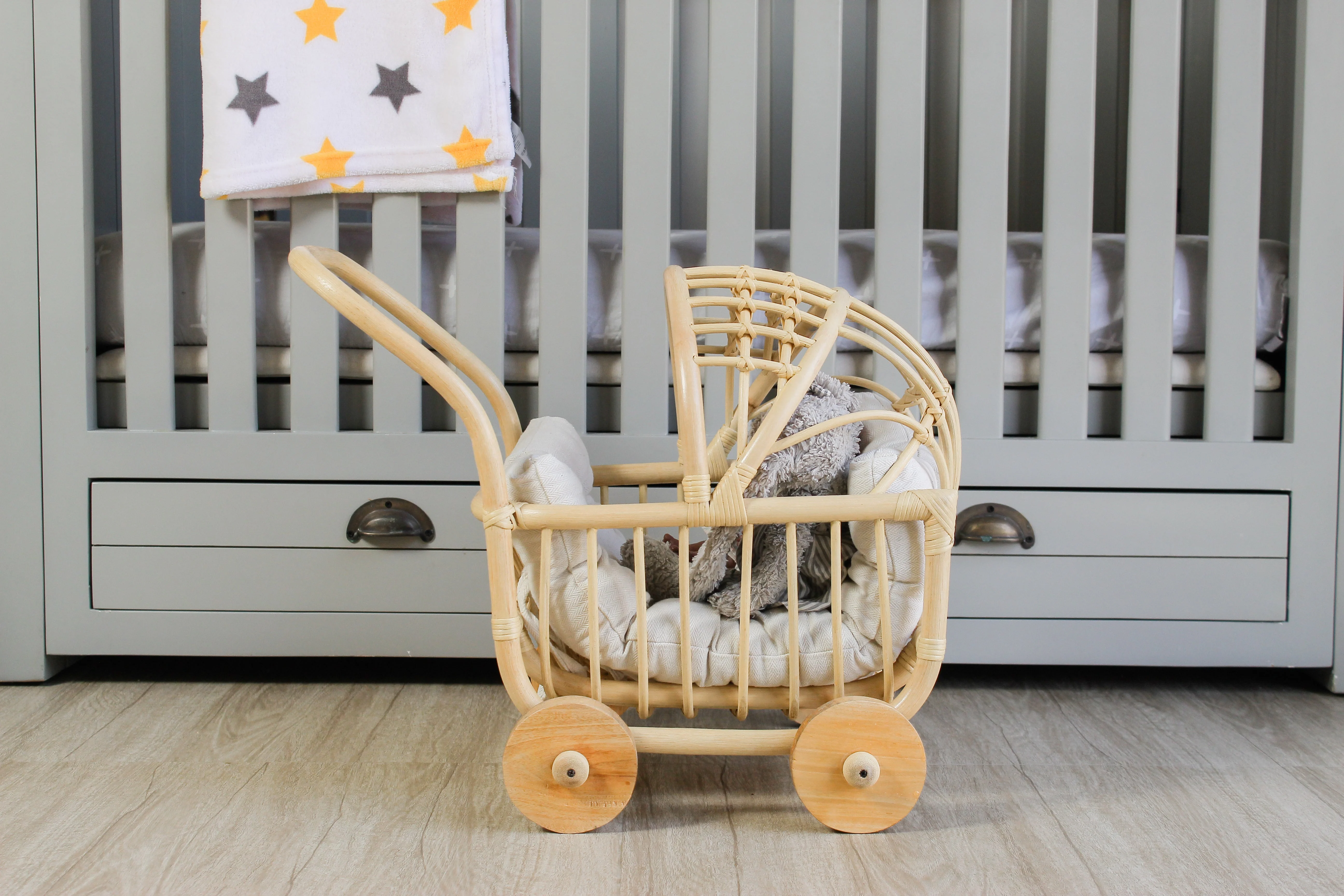 Rattan Doll Stroller – Handmade Boho Doll Pram for Imaginative Play - Image 4