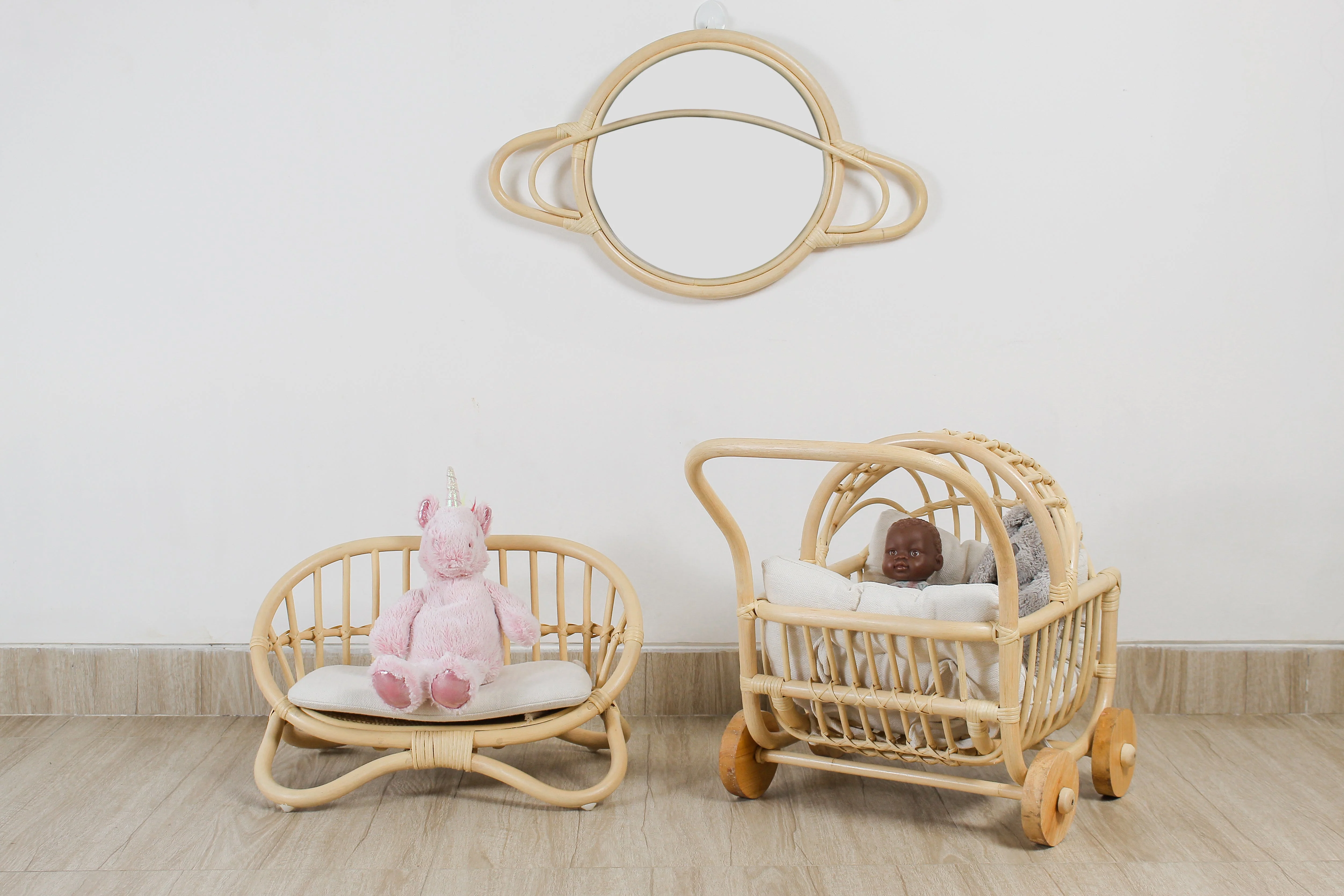 Rattan Doll Stroller – Handmade Boho Doll Pram for Imaginative Play - Image 5