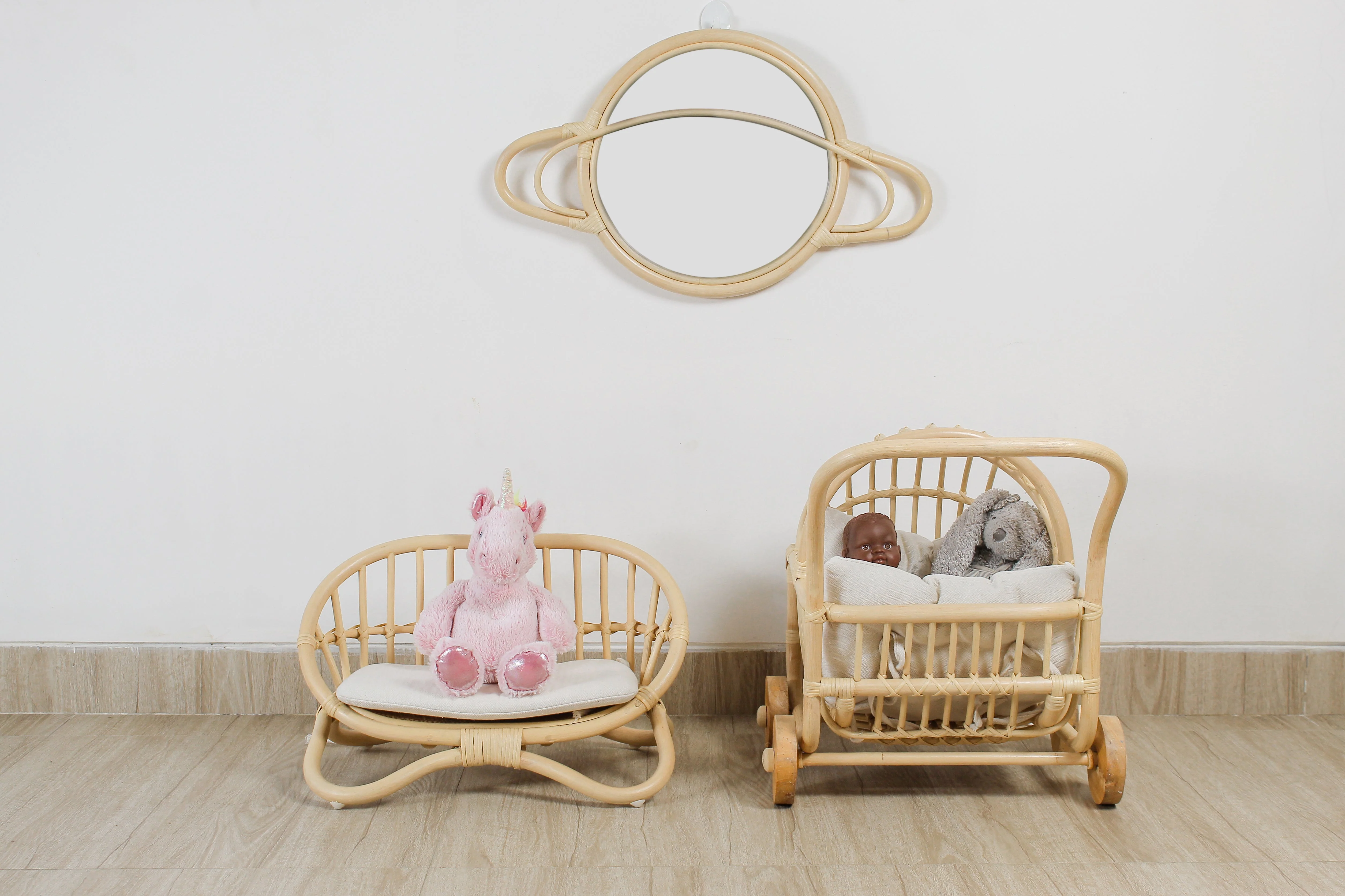 Rattan Doll Stroller – Handmade Boho Doll Pram for Imaginative Play - Image 6