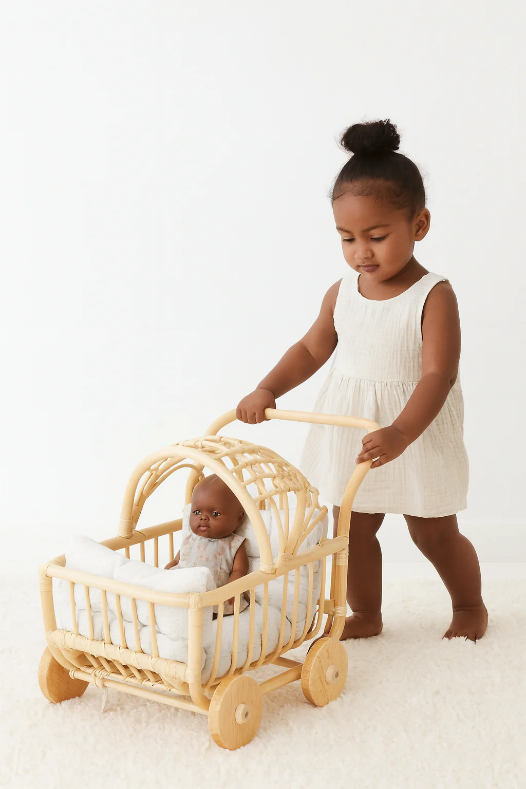 Rattan Doll Stroller – Handmade Boho Doll Pram for Imaginative Play - Image 7