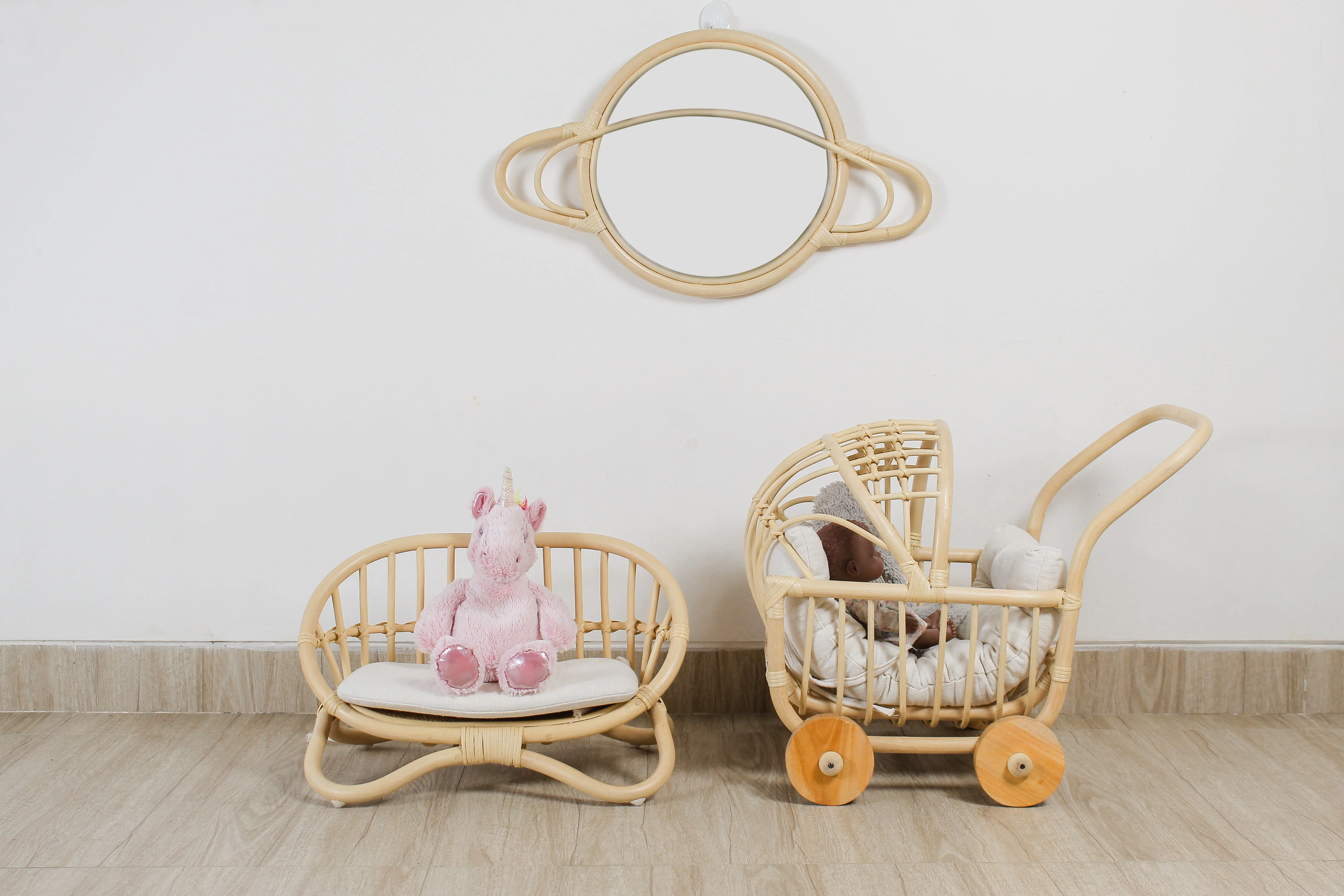 Rattan Doll Stroller – Handmade Boho Doll Pram for Imaginative Play - Image 8