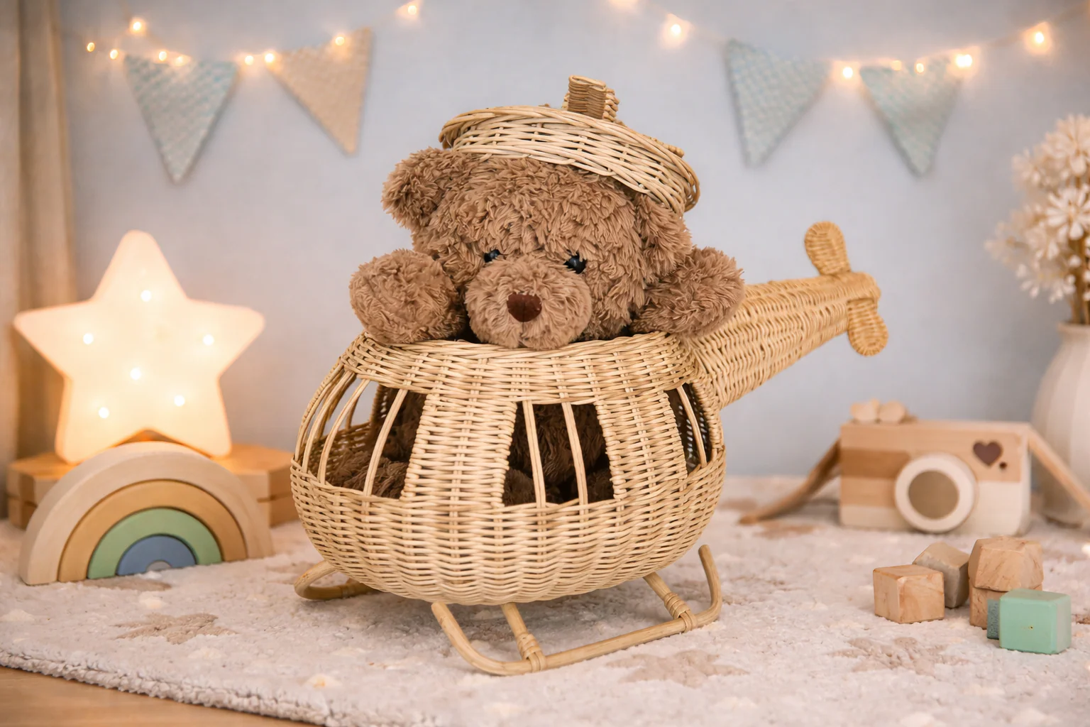 Rattan Toy Helicopter – Handcrafted Boho Pretend Play Toy for Kids | Montessori Airplane Nursery Decor - Image 11
