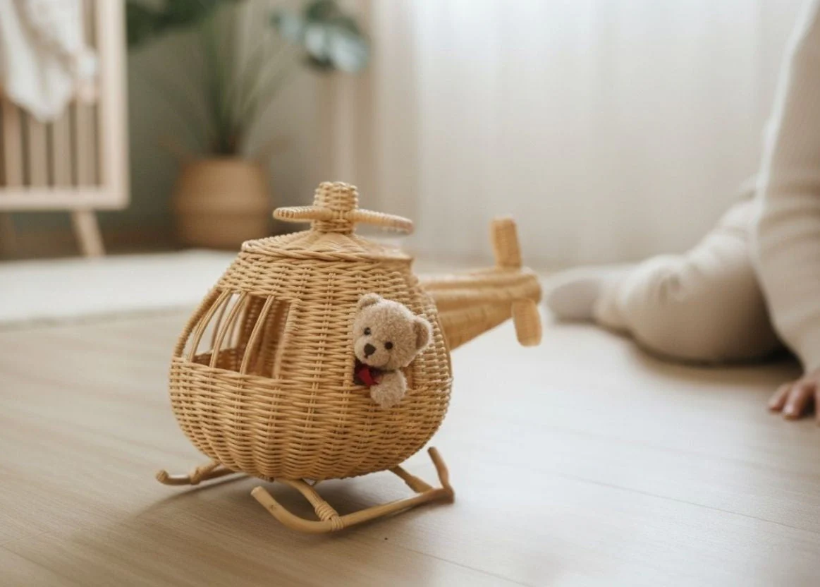 Rattan Toy Helicopter – Handcrafted Boho Pretend Play Toy for Kids | Montessori Airplane Nursery Decor - Image 19