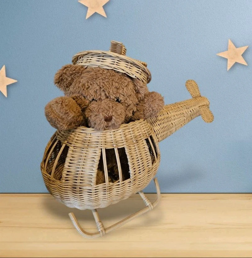 Rattan Toy Helicopter – Handcrafted Boho Pretend Play Toy for Kids | Montessori Airplane Nursery Decor - Image 2