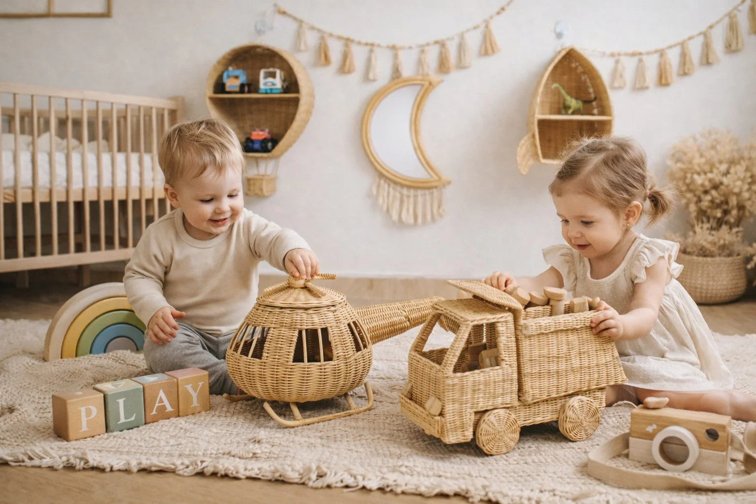 Rattan Toy Helicopter – Handcrafted Boho Pretend Play Toy for Kids | Montessori Airplane Nursery Decor - Image 21
