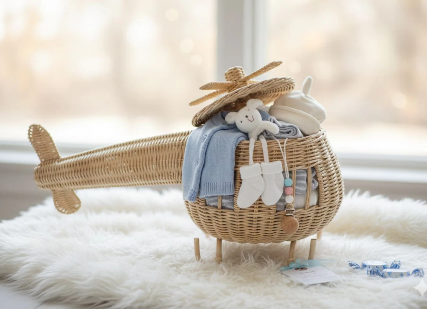 Rattan Toy Helicopter – Handcrafted Boho Pretend Play Toy for Kids | Montessori Airplane Nursery Decor - Image 4