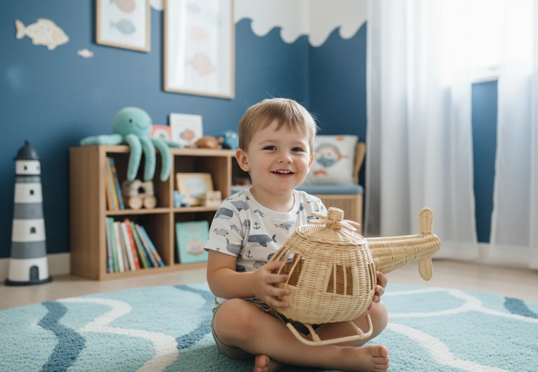 Rattan Toy Helicopter – Handcrafted Boho Pretend Play Toy for Kids | Montessori Airplane Nursery Decor - Image 7