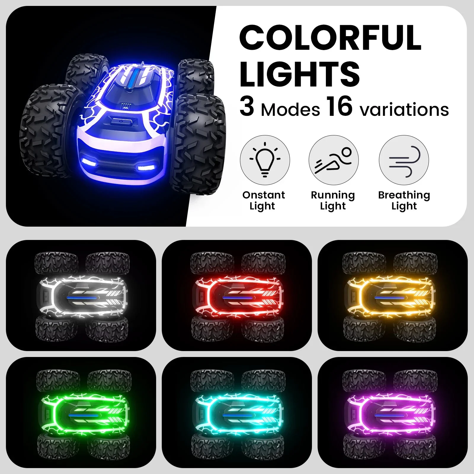 RC Stunt Car with LED Lights - 360° Rotating Double-Sided Remote Control Car for Kids, 2.4GHz, Black - Image 2