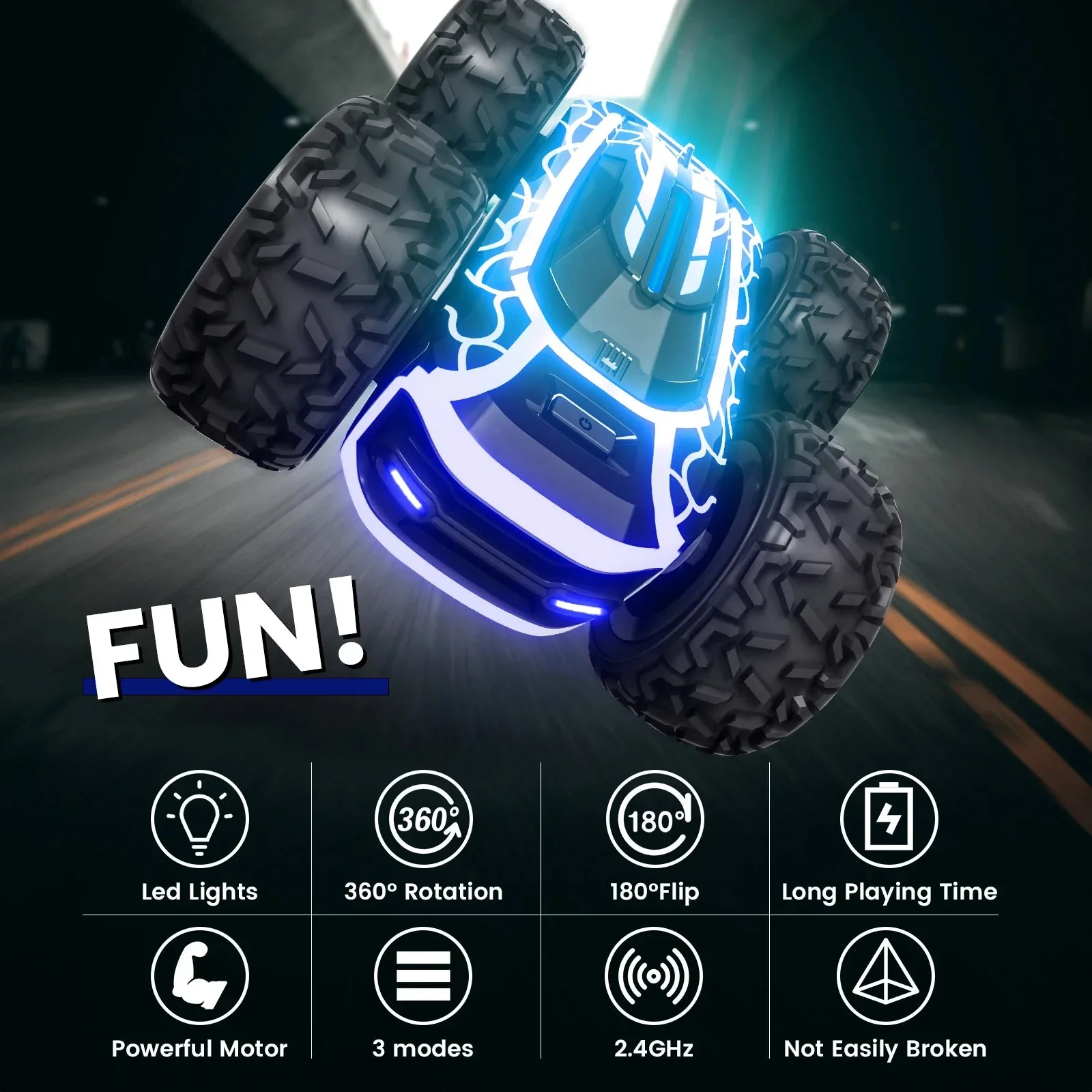 RC Stunt Car with LED Lights - 360° Rotating Double-Sided Remote Control Car for Kids, 2.4GHz, Black - Image 3