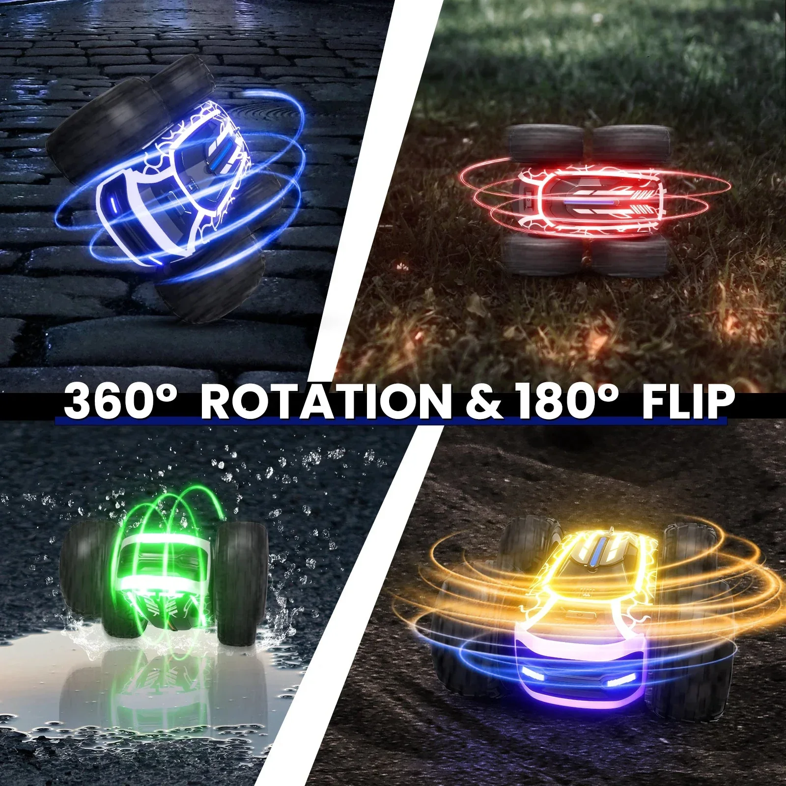 RC Stunt Car with LED Lights - 360° Rotating Double-Sided Remote Control Car for Kids, 2.4GHz, Black - Image 5