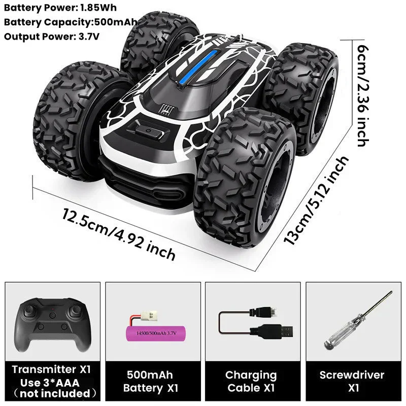 RC Stunt Car with LED Lights - 360° Rotating Double-Sided Remote Control Car for Kids, 2.4GHz, Black - Image 6