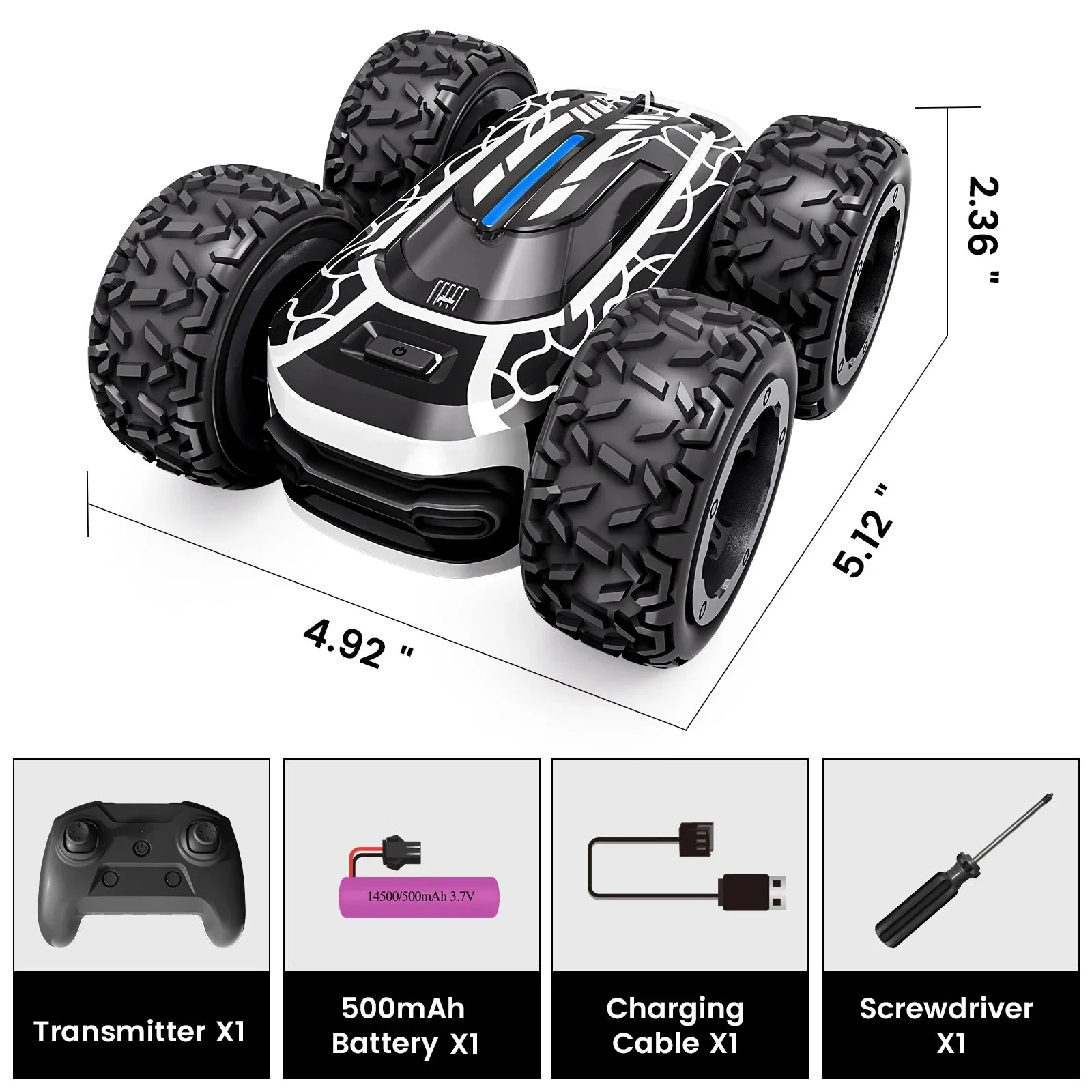 RC Stunt Car with LED Lights - 360° Rotating Double-Sided Remote Control Car for Kids, 2.4GHz, Black - Image 7