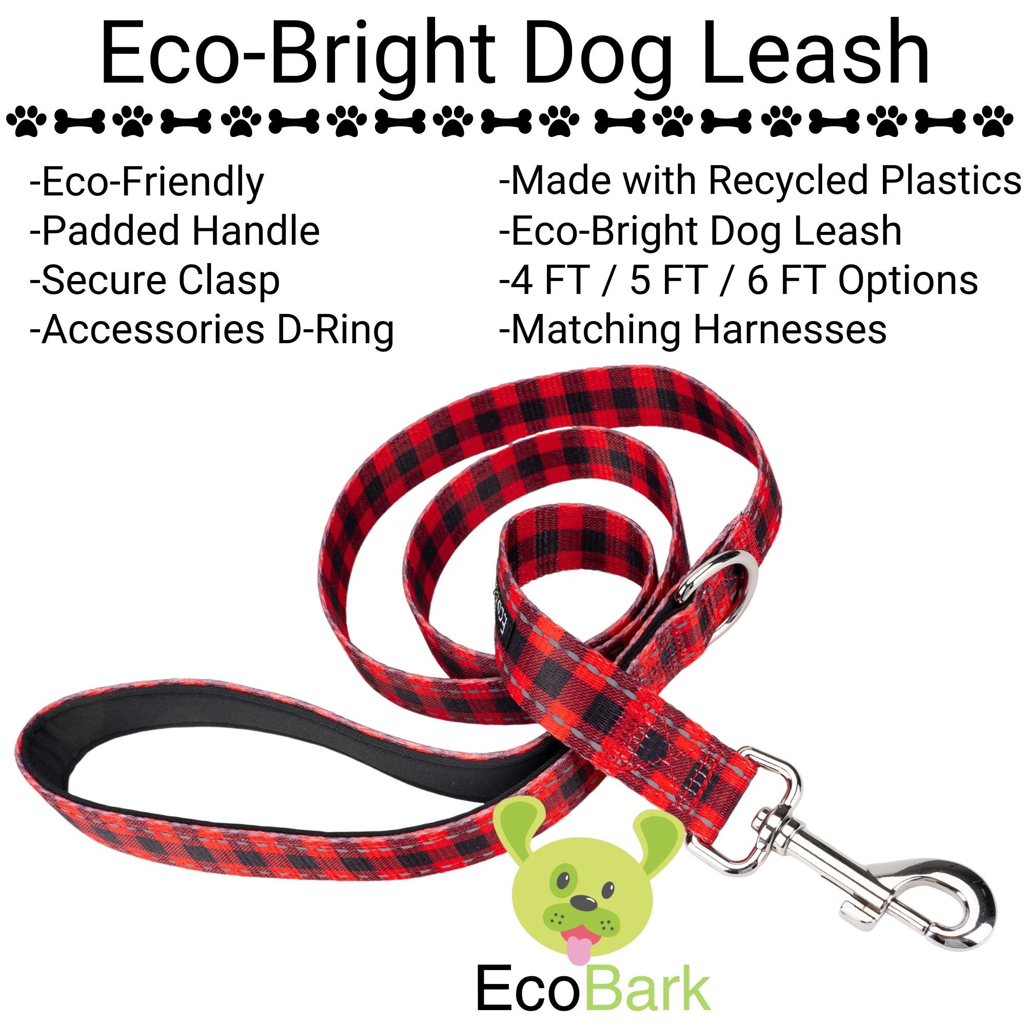 Red Plaid Dog Leash by EcoBark - Buffalo Check Padded Comfort Grip Leash for Dogs - 4ft, 5ft, and 6ft Leash for Small and Medium Dogs - Image 2
