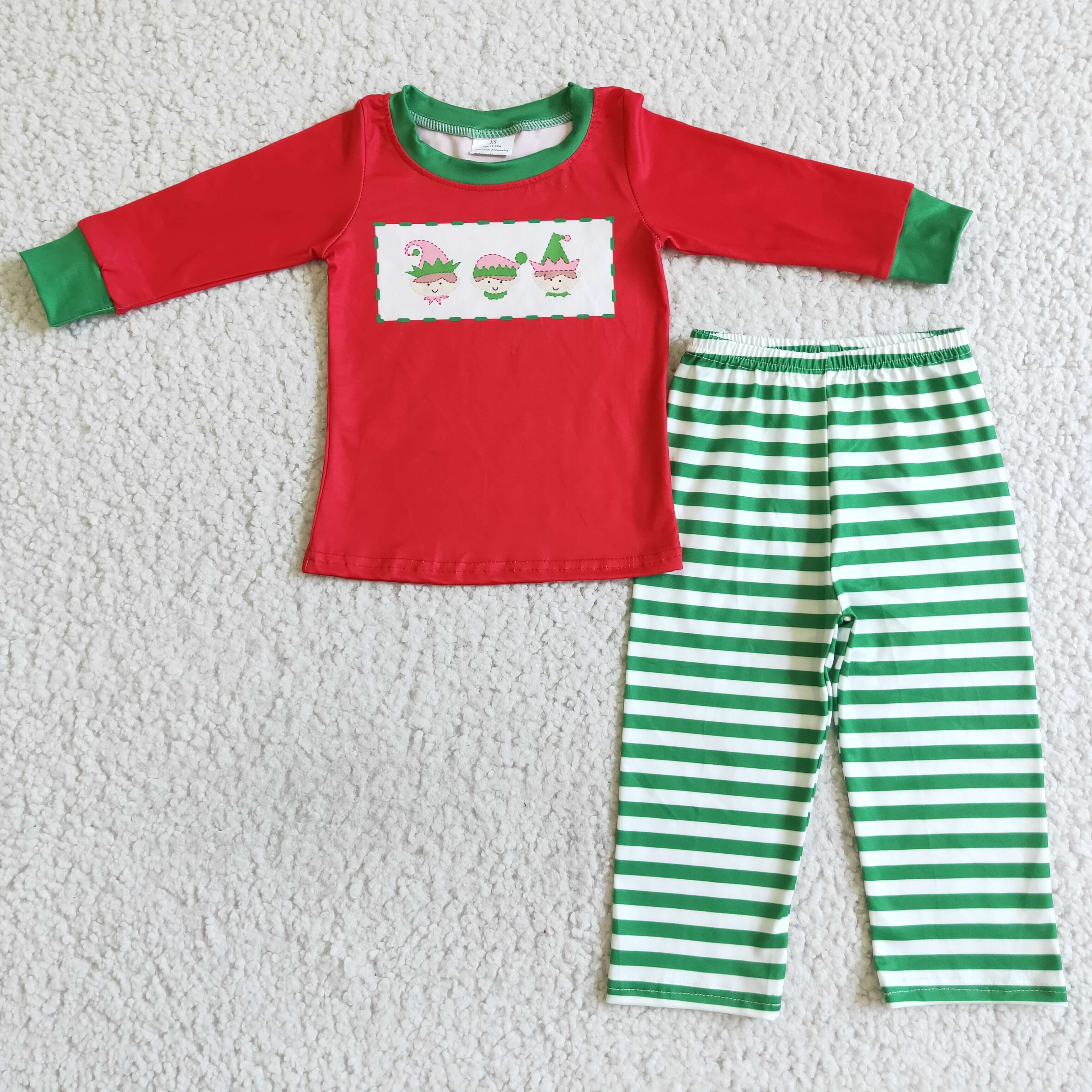 Red screen print shirt stripe pants boy Christmas pajamas - Image 2